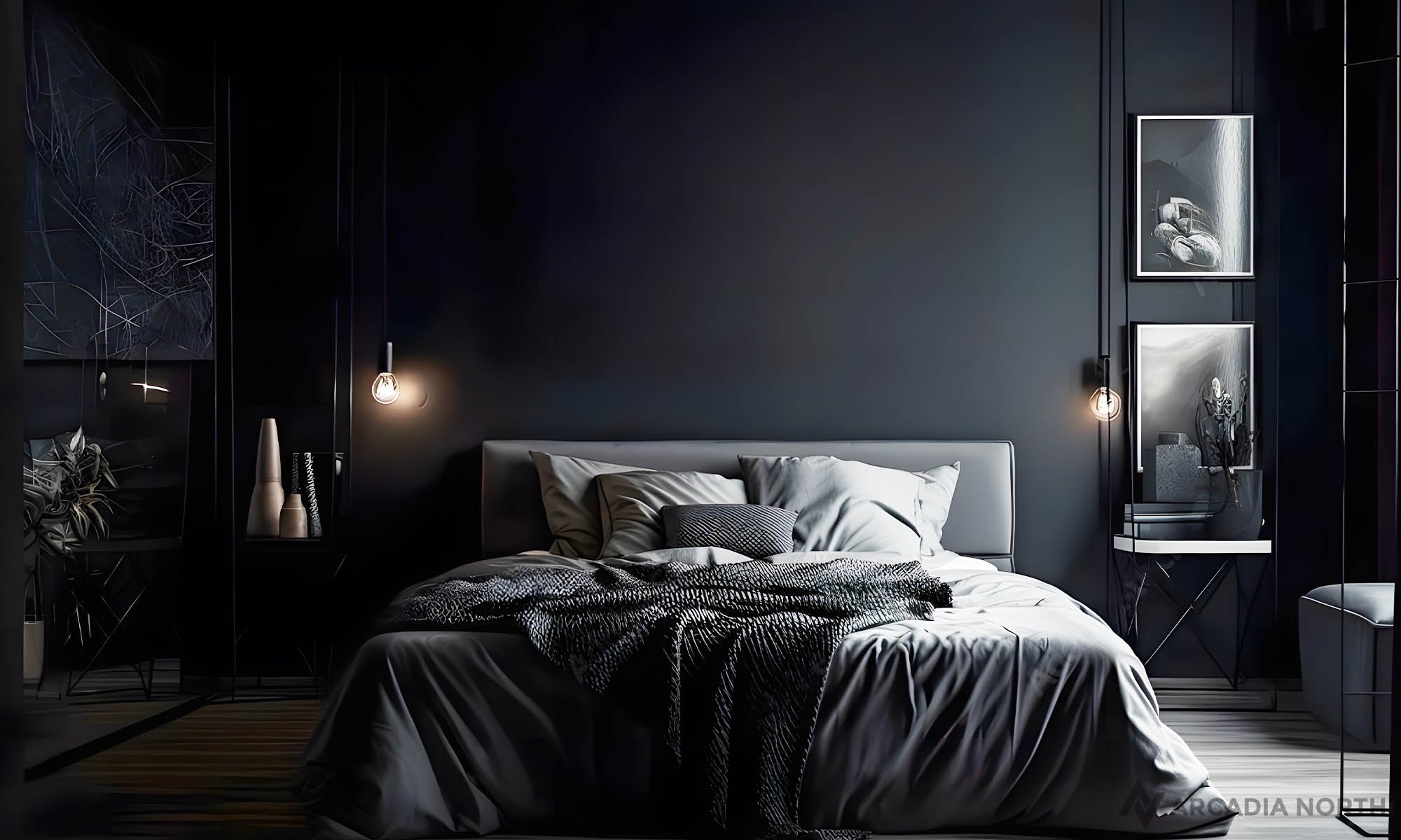 Modern bedroom with an empty wall above the bed