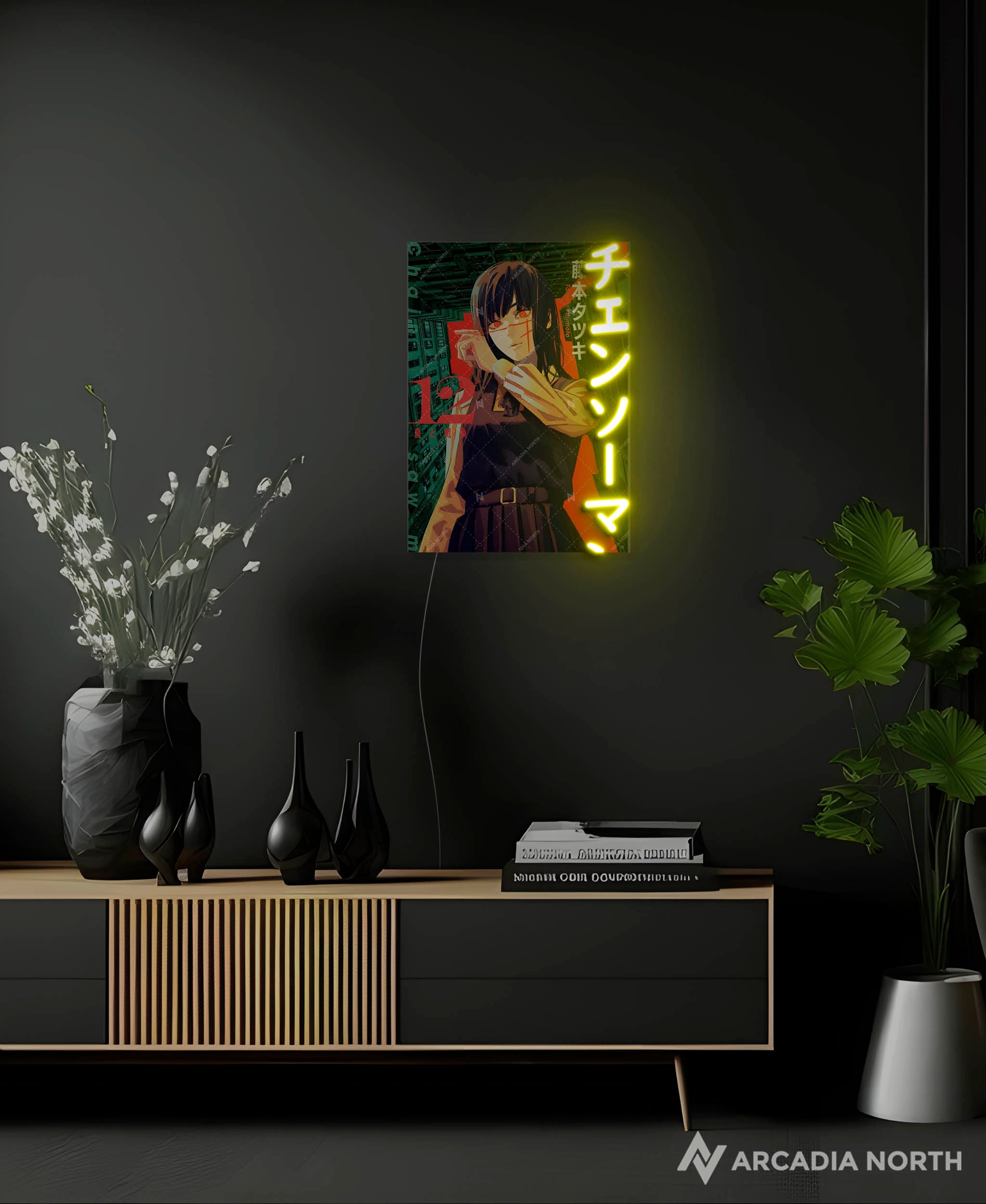 Arcadia North AURALIGHT - an LED Poster featuring the anime/manga Chainsaw Man with Asa Mitaka/Yoru, illuminated by Chainsaw Man in Japanese Katakana in glowing neon LED light. UV-printed on acrylic.