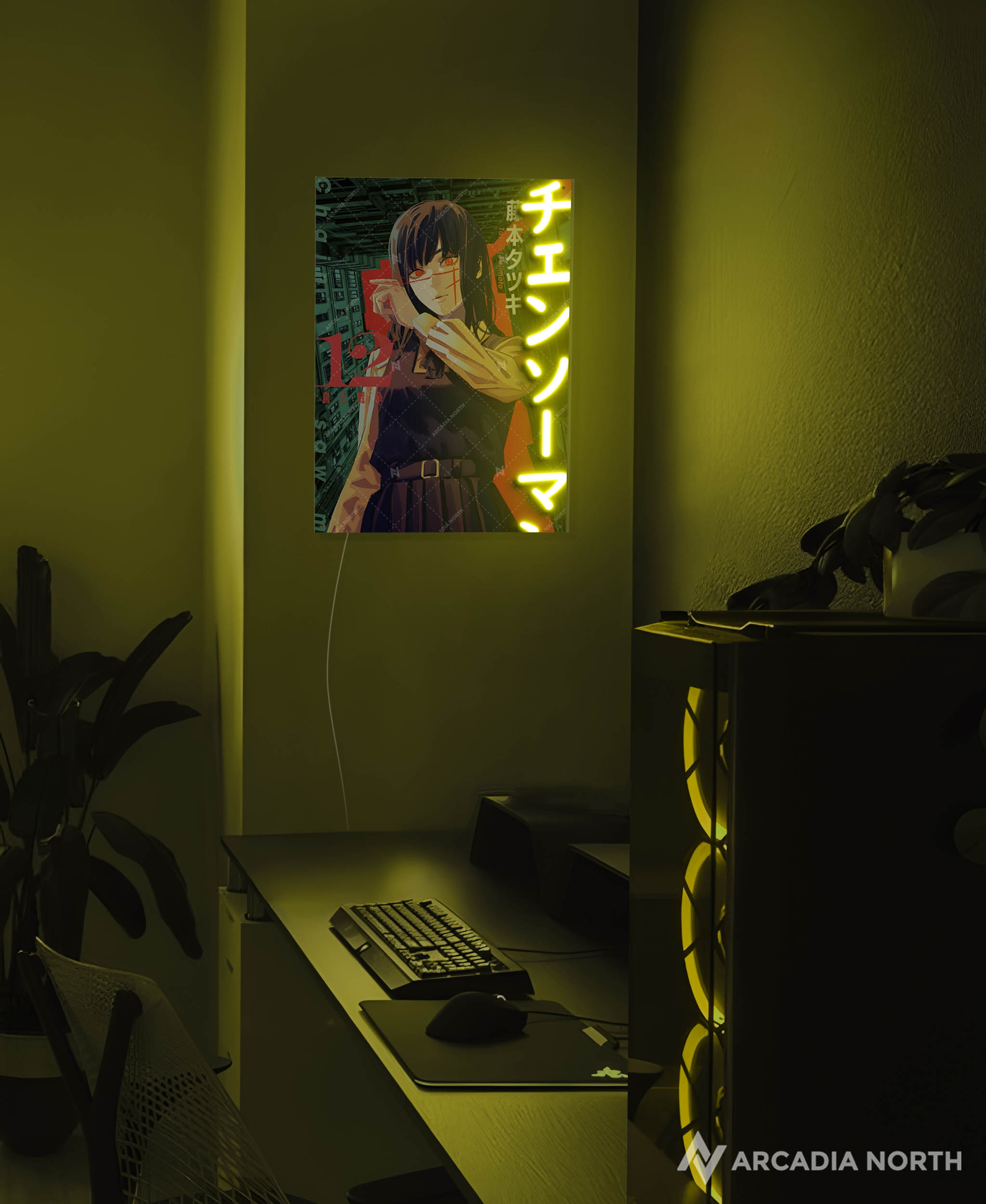 Arcadia North AURALIGHT - an LED Poster featuring the anime/manga Chainsaw Man with Asa Mitaka/Yoru, illuminated by Chainsaw Man in Japanese Katakana in glowing neon LED light. UV-printed on acrylic.