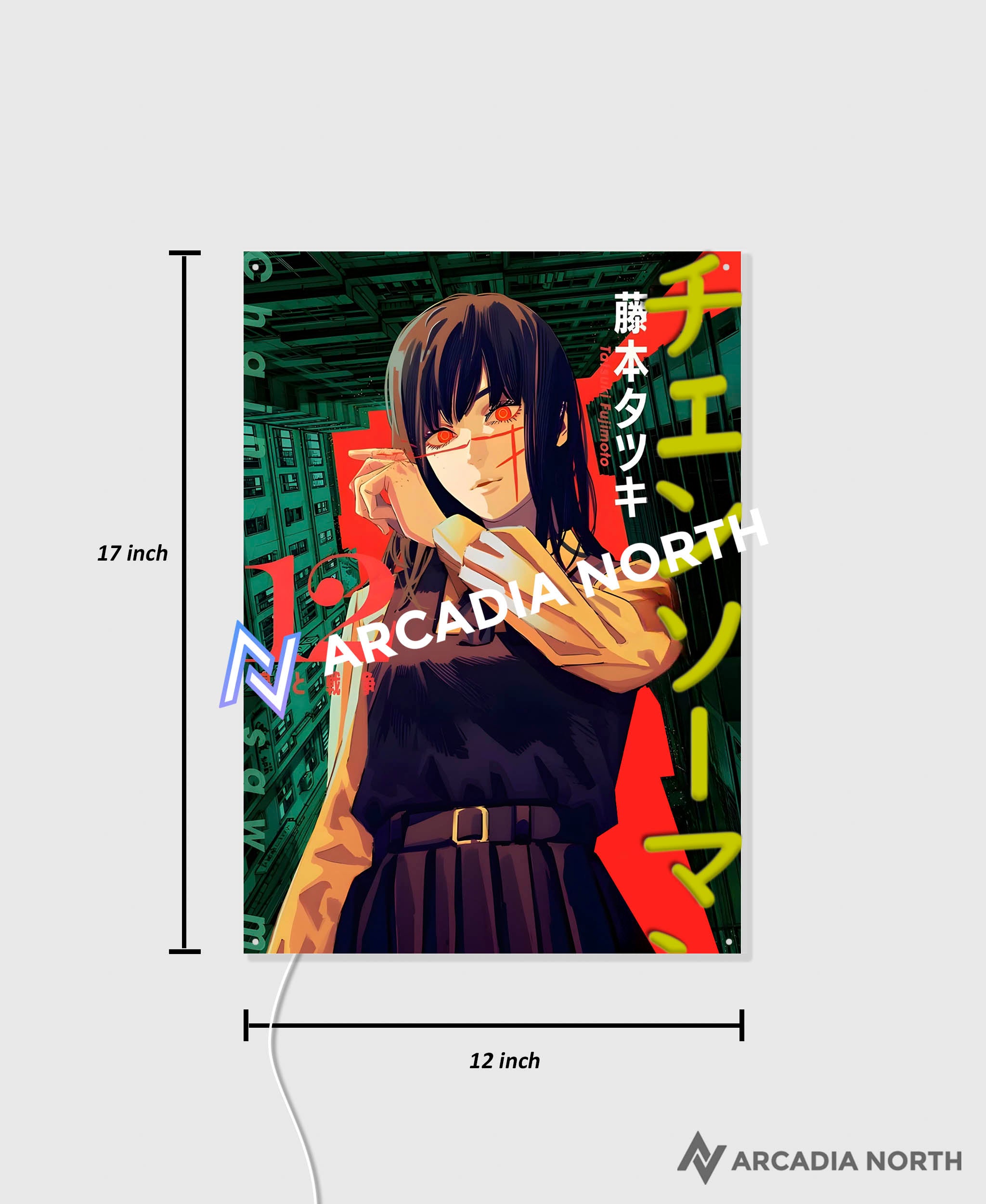 Arcadia North AURALIGHT Original LED Poster featuring the anime/manga Chainsaw Man with Asa Mitaka/Yoru, illuminated by Chainsaw Man in Japanese Katakana in glowing neon LED light. UV-printed on acrylic.