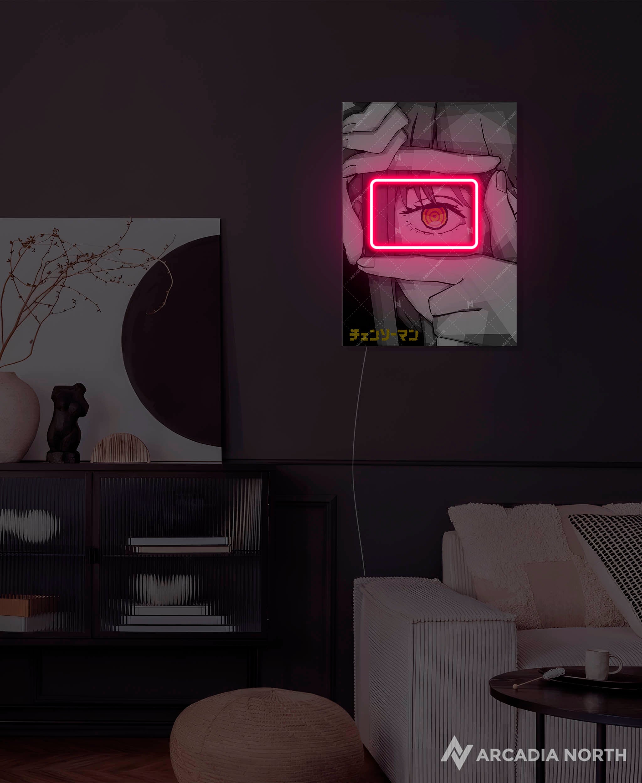 Arcadia North AURALIGHT - an LED Poster featuring the anime Chainsaw Man with Makima holding her hands up to her eye with a camera gesture with focus on her eye. Illuminated by glowing neon LED lights. UV-printed on acrylic.