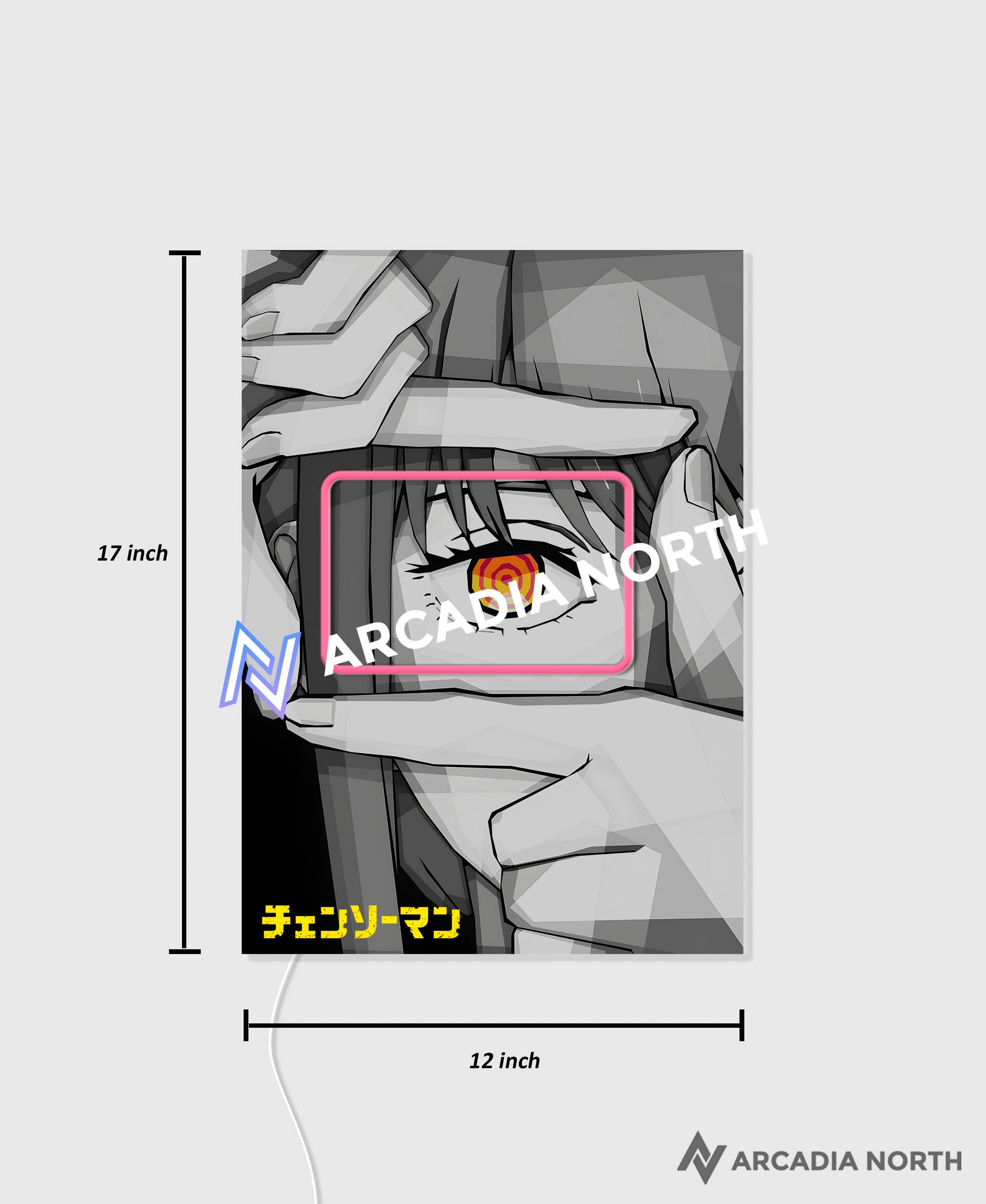 Arcadia North AURALIGHT Original LED Poster featuring the anime Chainsaw Man with Makima holding her hands up to her eye with a camera gesture with focus on her eye. Illuminated by glowing neon LED lights. UV-printed on acrylic.