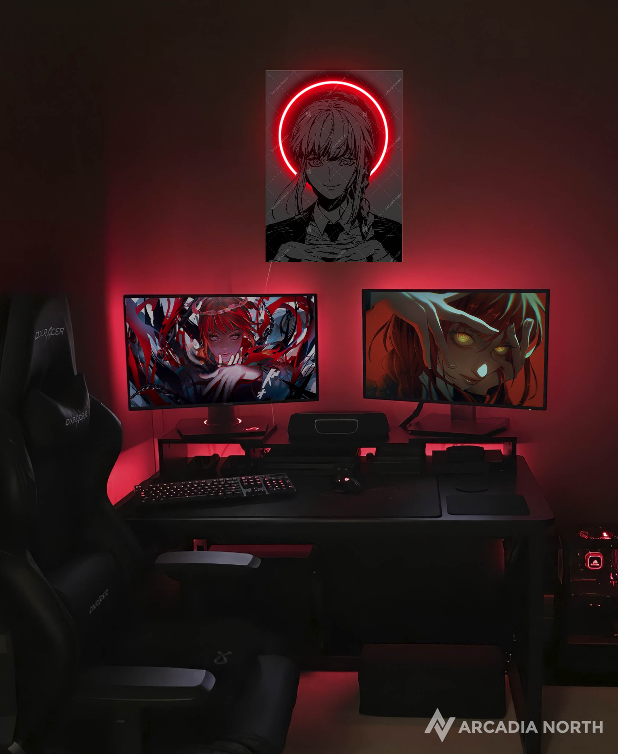 Arcadia North AURALIGHT - an LED Poster featuring the anime Chainsaw Man with Makima in front of a moon Illuminated by glowing neon LED lights. UV-printed on acrylic.