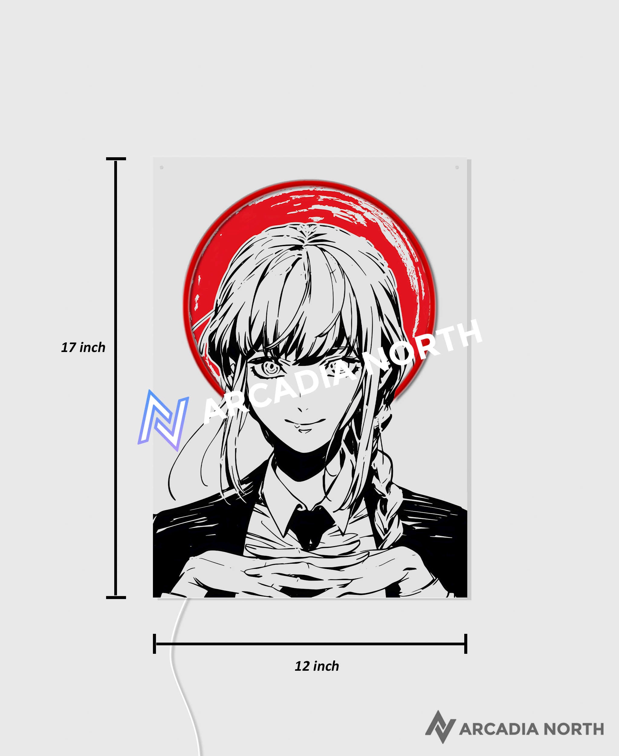 Arcadia North AURALIGHT Original LED Poster featuring the anime Chainsaw Man with Makima in front of a moon Illuminated by glowing neon LED lights. UV-printed on acrylic.