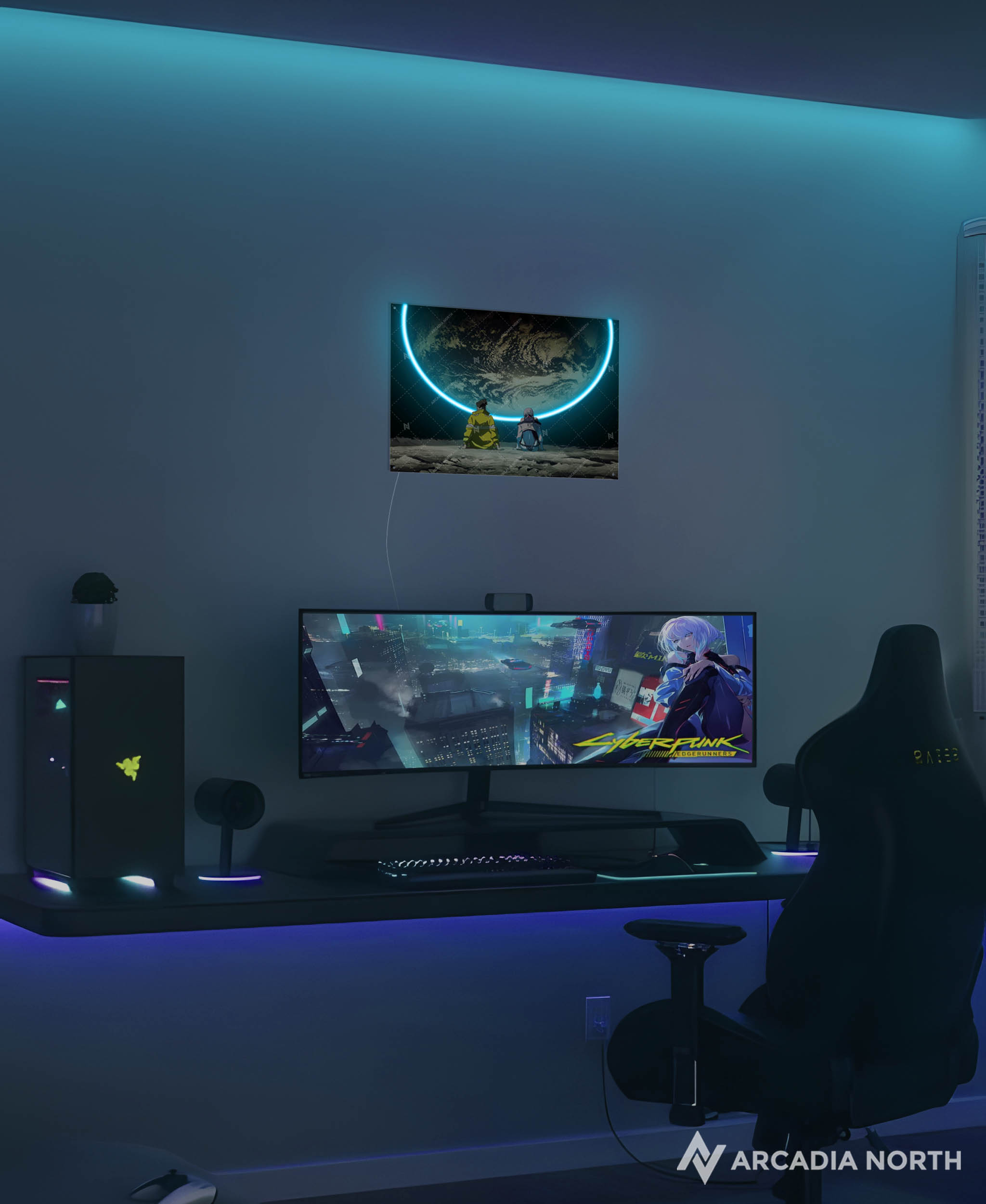 Arcadia North AURALIGHT - an LED Poster featuring the anime Cyberpunk: Edgerunners with David and Lucy moon scene. Illuminated by glowing neon LED lights. UV-printed on acrylic.