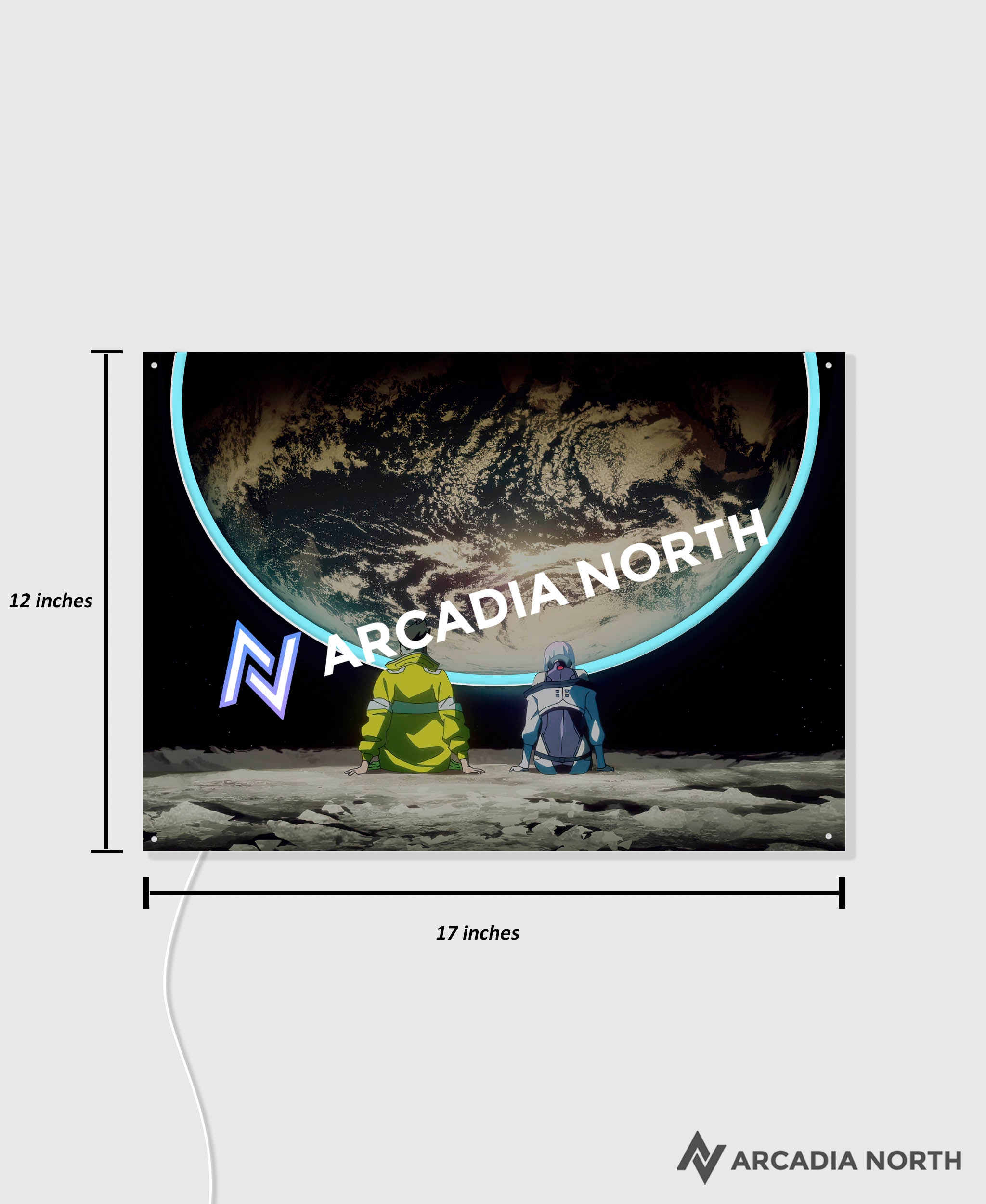 Arcadia North AURALIGHT Original LED Poster featuring the anime Cyberpunk: Edgerunners with David and Lucy moon scene. Illuminated by glowing neon LED lights. UV-printed on acrylic.