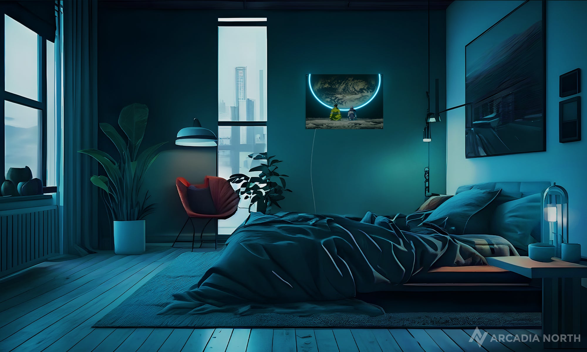 Arcadia North Original LED Poster featuring the anime Cyberpunk Edgerunners with David Martinez and Lucy Kushinada moon scene iluminated by LED neon lights. UV-printed poster on acrylic.