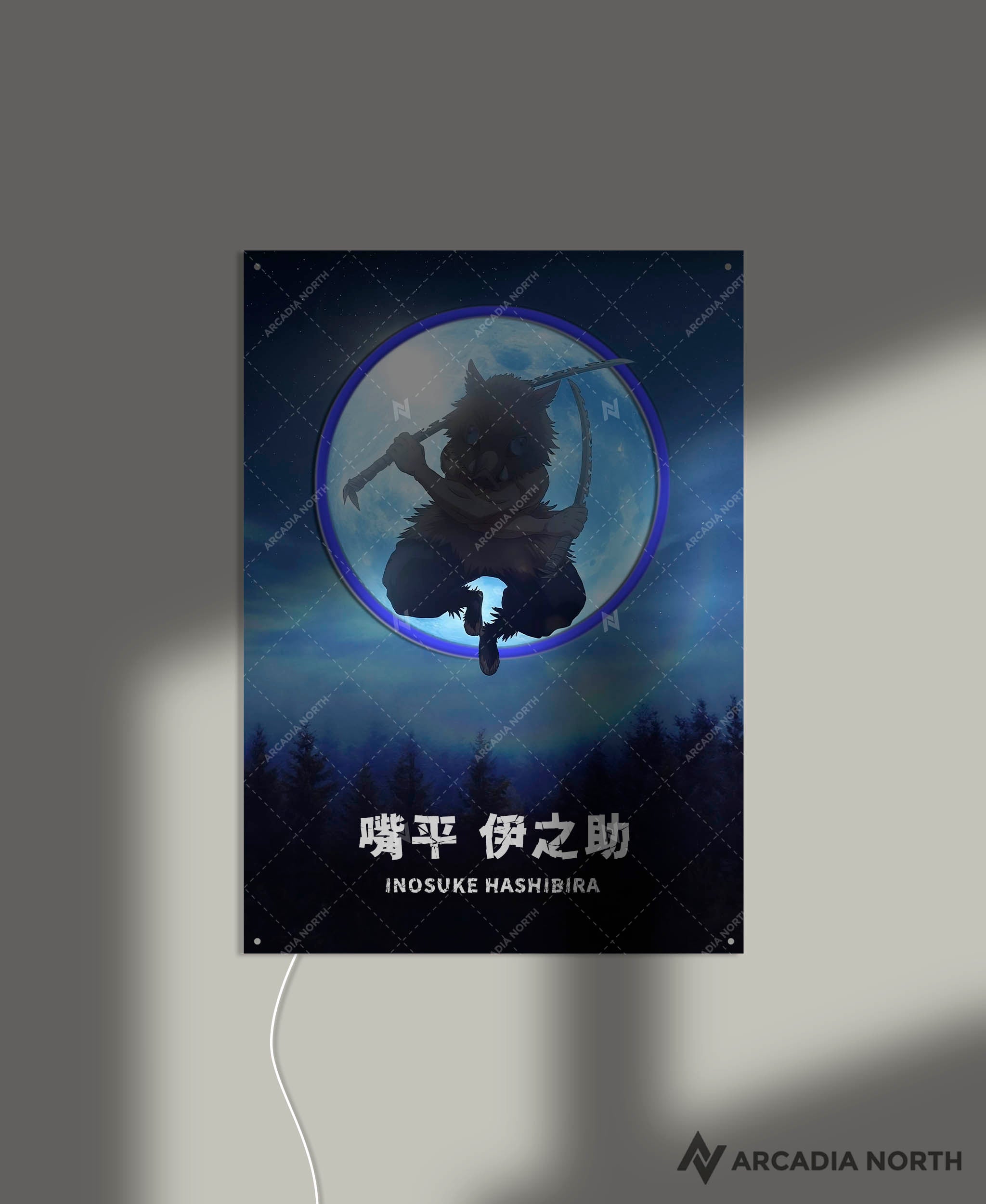 Arcadia North AURALIGHT - an LED Poster featuring the anime Demon Slayer with Inosuke Hashibira in front of a moon Illuminated by glowing neon LED lights. UV-printed on acrylic.
