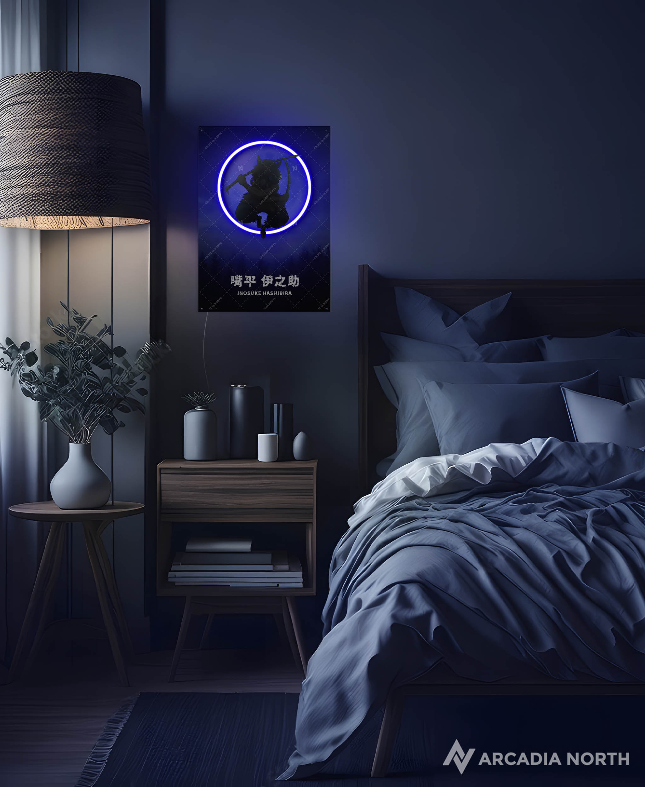 Arcadia North AURALIGHT - an LED Poster featuring the anime Demon Slayer with Inosuke Hashibira in front of a moon Illuminated by glowing neon LED lights. UV-printed on acrylic.