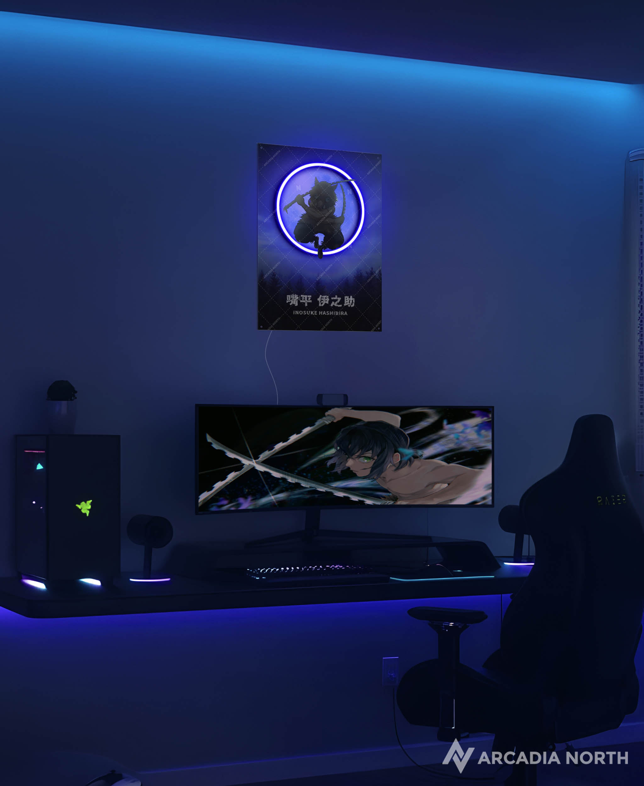 Arcadia North AURALIGHT - an LED Poster featuring the anime Demon Slayer with Inosuke Hashibira in front of a moon Illuminated by glowing neon LED lights. UV-printed on acrylic.