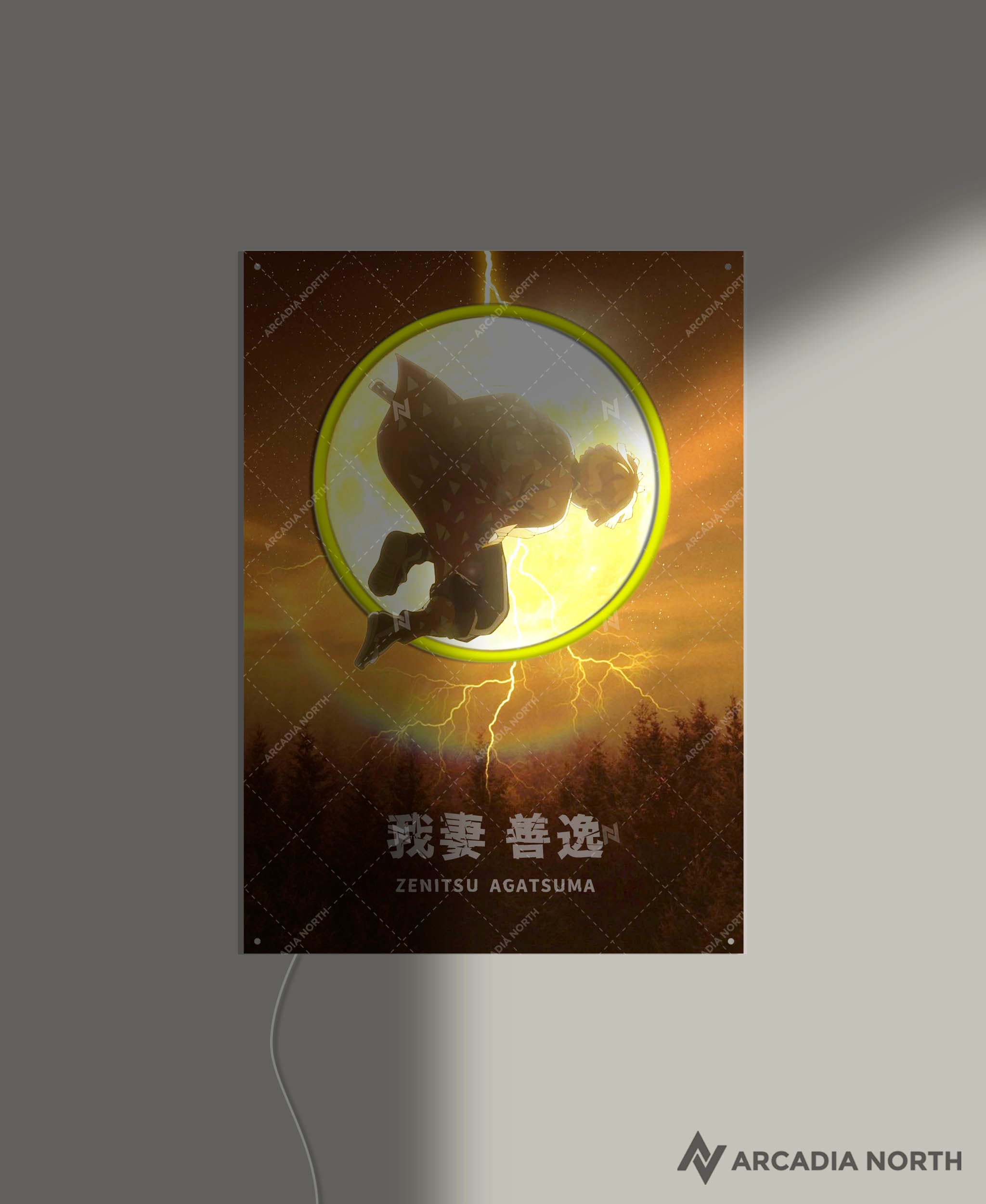 Arcadia North AURALIGHT - an LED Poster featuring the anime Demon Slayer with Zenitsu Agatsuma in front of a moon Illuminated by glowing neon LED lights. UV-printed on acrylic.