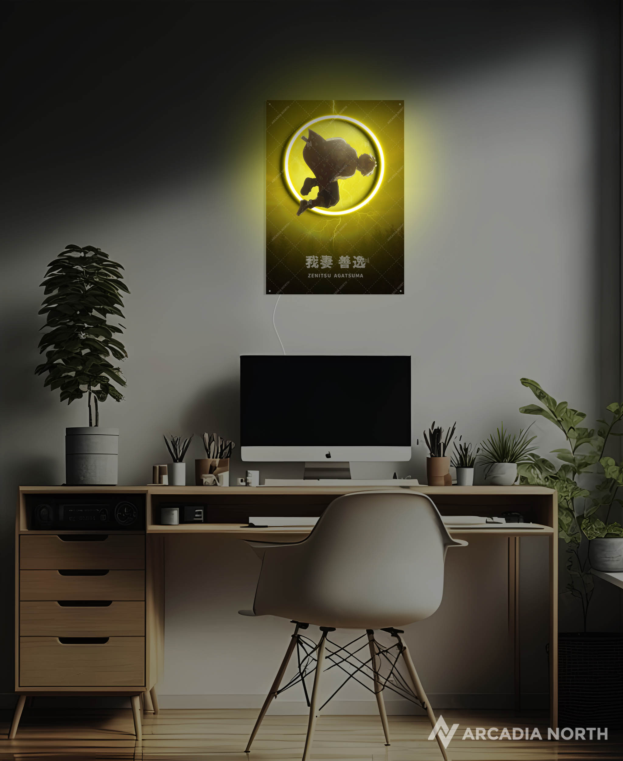 Arcadia North AURALIGHT - an LED Poster featuring the anime Demon Slayer with Zenitsu Agatsuma in front of a moon Illuminated by glowing neon LED lights. UV-printed on acrylic.