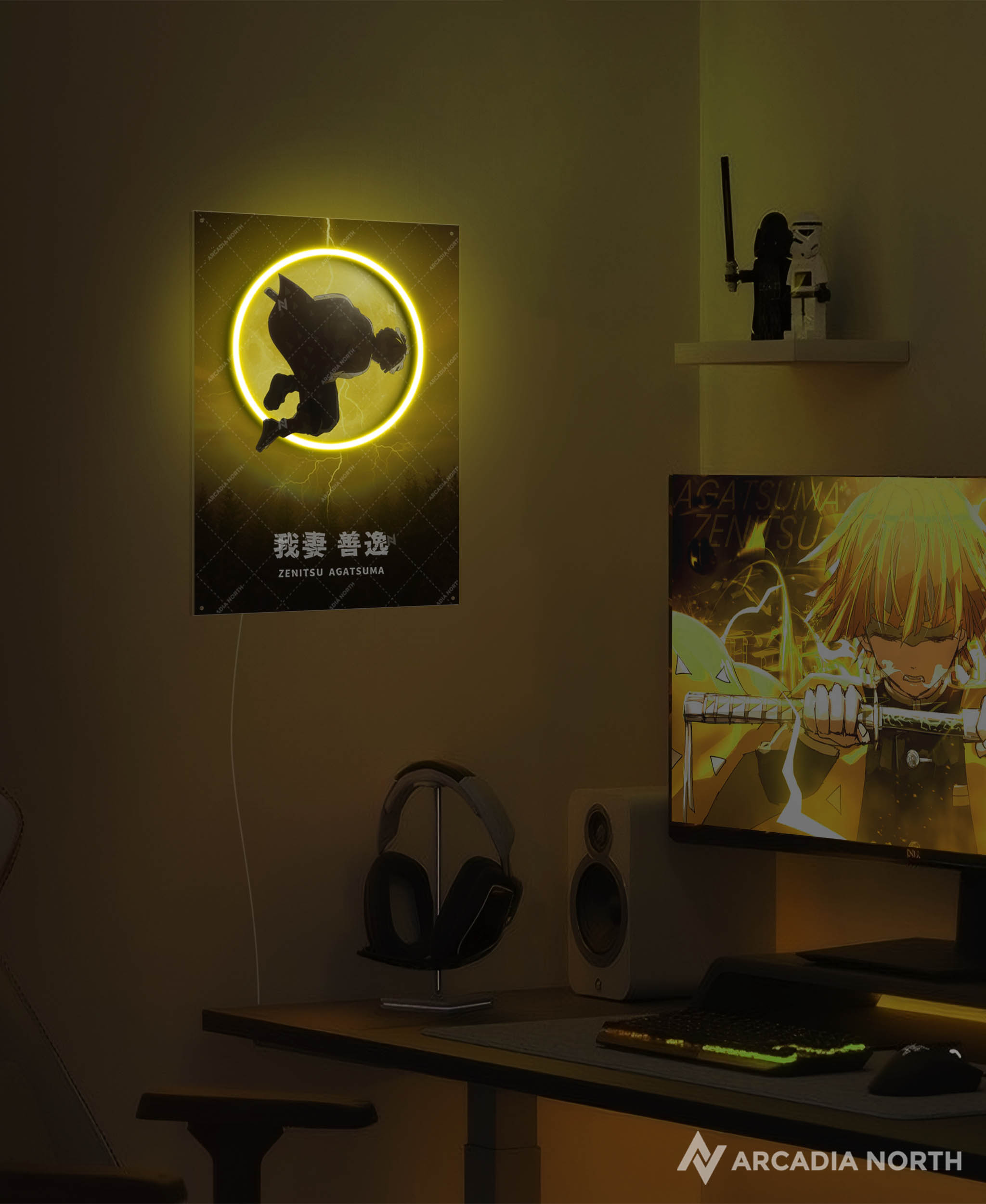 Arcadia North AURALIGHT - an LED Poster featuring the anime Demon Slayer with Zenitsu Agatsuma in front of a moon Illuminated by glowing neon LED lights. UV-printed on acrylic.