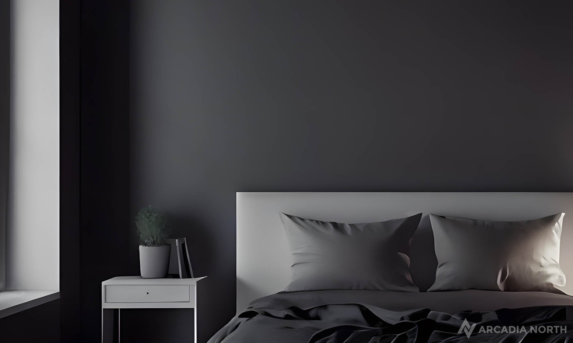 Modern bedroom with an empty wall above the bed