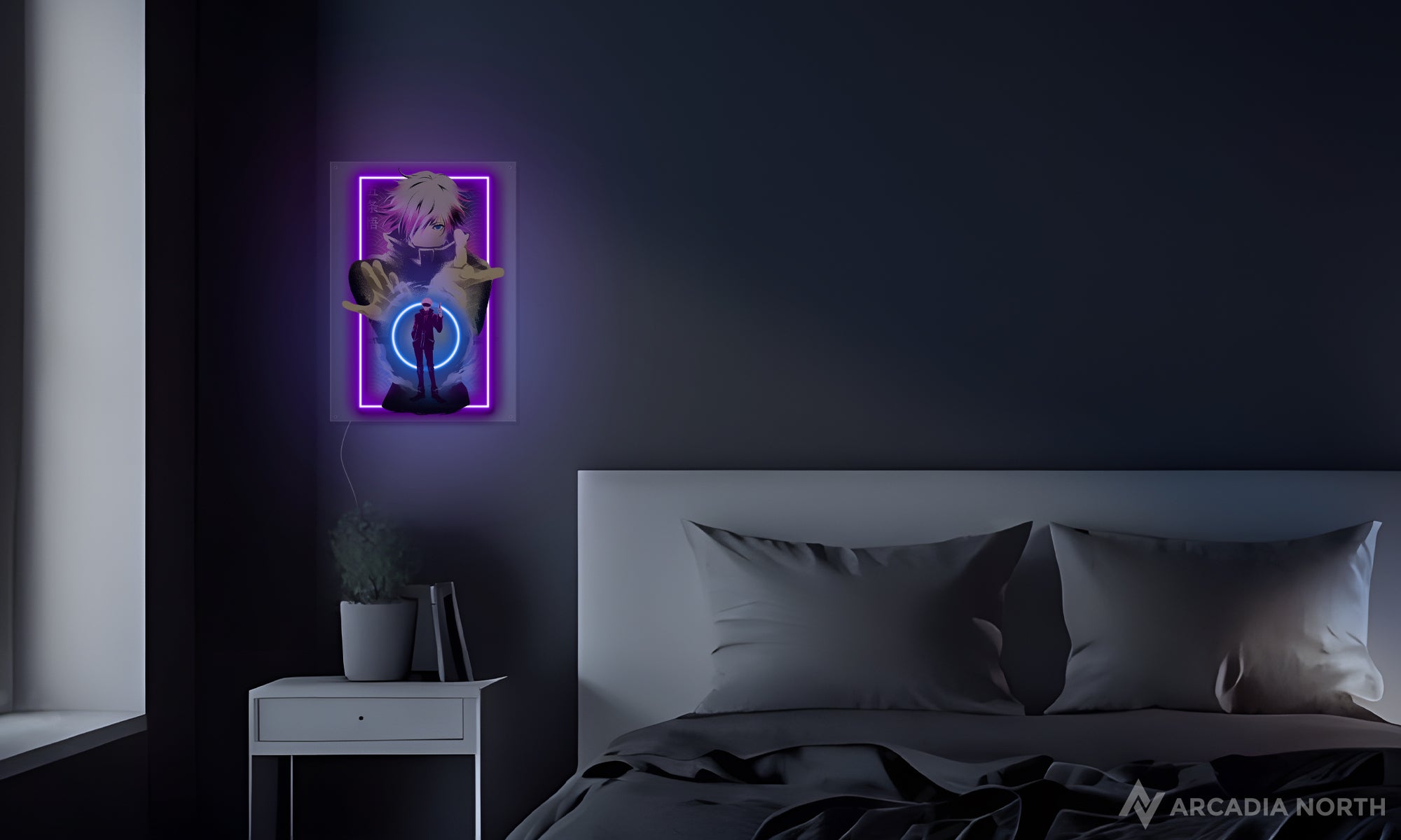 Arcadia North Original LED Poster featuring the anime Jujutsu Kaisen with Gojo Satoru infinite void art illuminated by LED neon lights. UV-printed poster on acrylic.