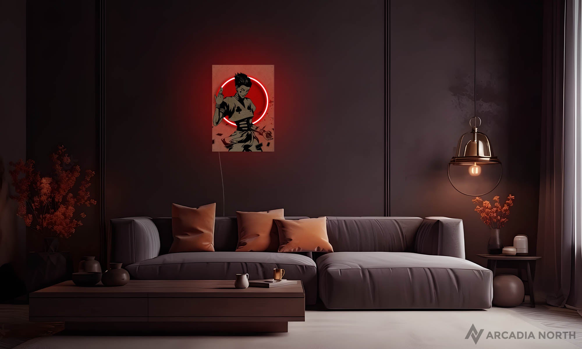 Arcadia North Original LED Poster featuring the anime Hunter x Hunter with Hisoka in front of a glowing red moon illuminated by LED neon lights. UV-printed poster on acrylic.