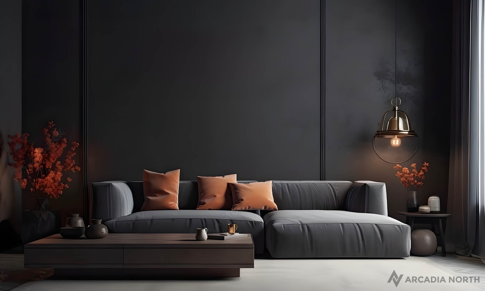 Modern living room with an empty wallabove the couch