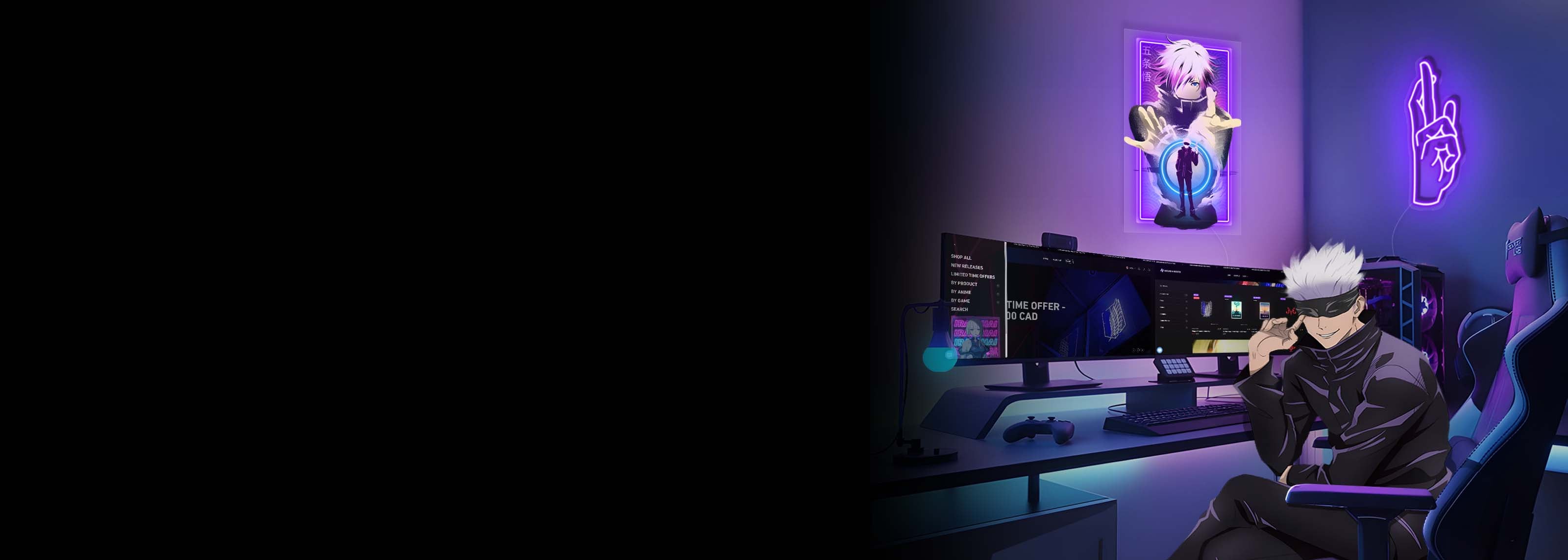 Jujutsu Kaisen Gojo Satoru sitting at desk with neon infinite void sign and LED Gojo Satoru Poster on wall