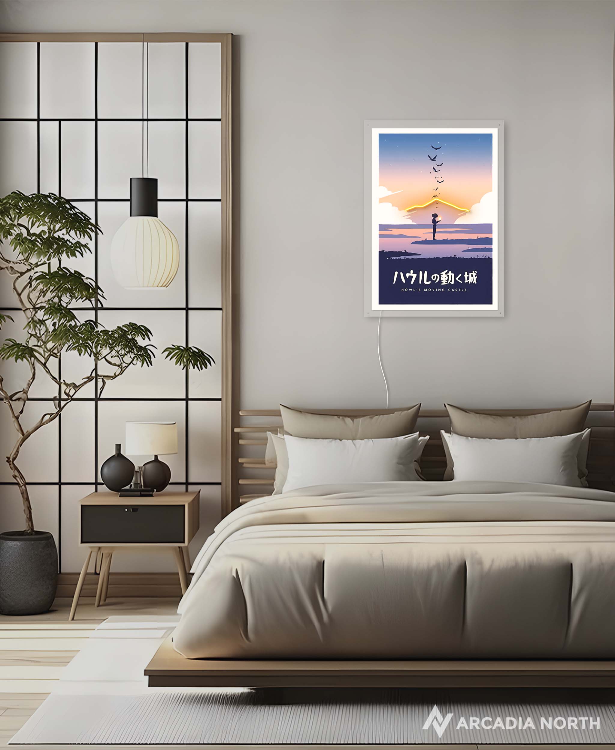 Arcadia North AURALIGHT Original LED Poster featuring the Studio Ghibli anime Howl's Moving Castle in minimalistic style illuminated by LED neon lights. UV-printed poster on acrylic.