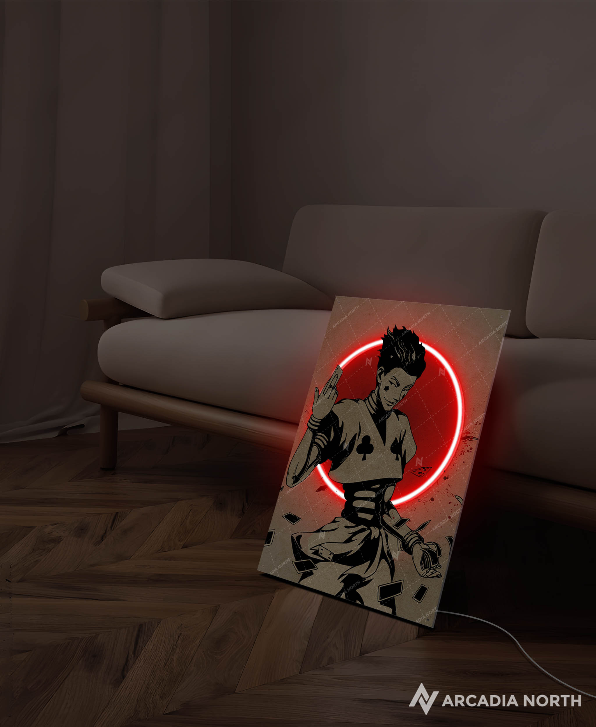 Arcadia North AURALIGHT - an LED Poster featuring the anime Hunter x Hunter with Hisoka in front of a glowing red moon illuminated by LED neon lights. UV-printed poster on acrylic.