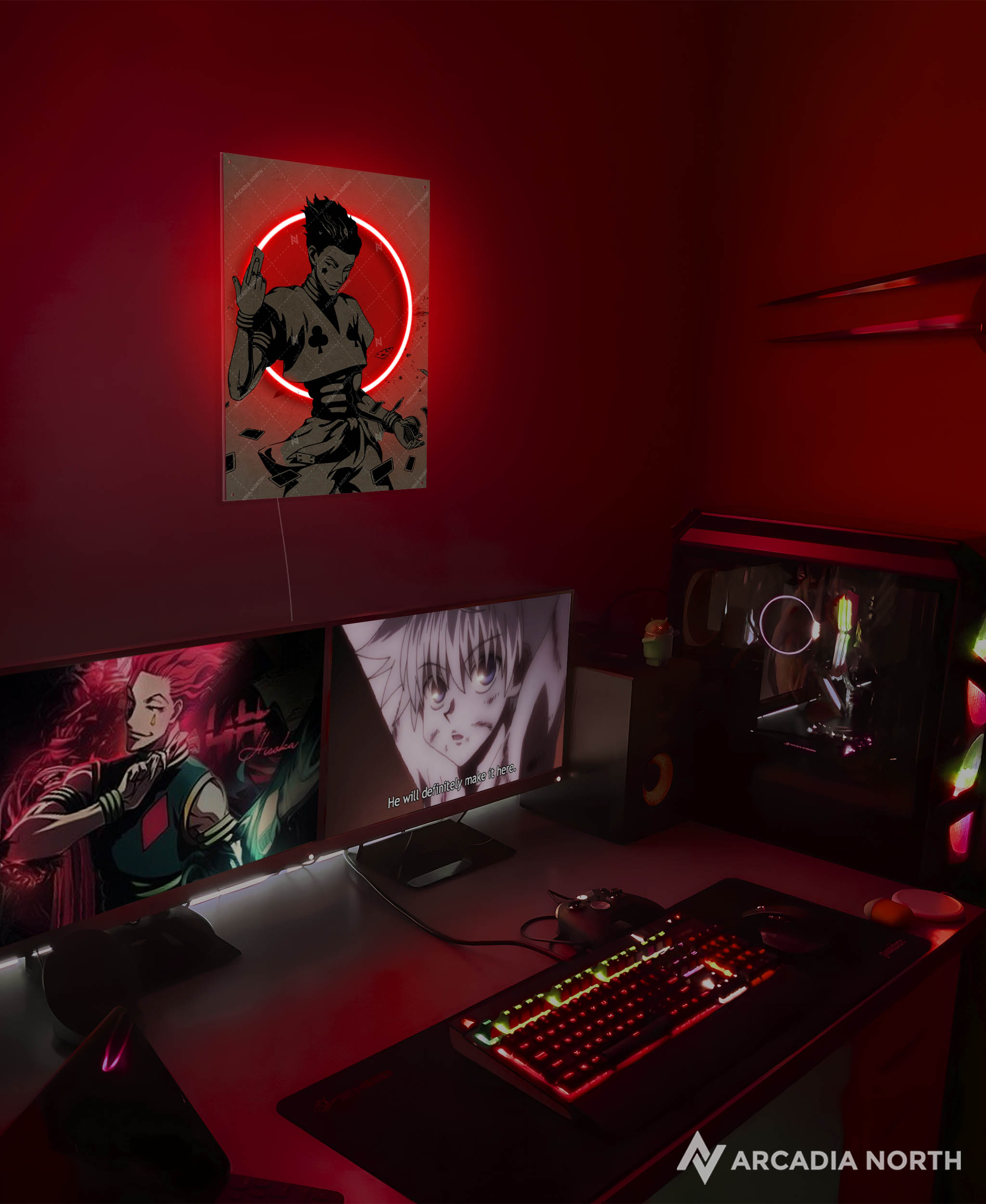 Arcadia North AURALIGHT - an LED Poster featuring the anime Hunter x Hunter with Hisoka in front of a glowing red moon illuminated by LED neon lights. UV-printed poster on acrylic.