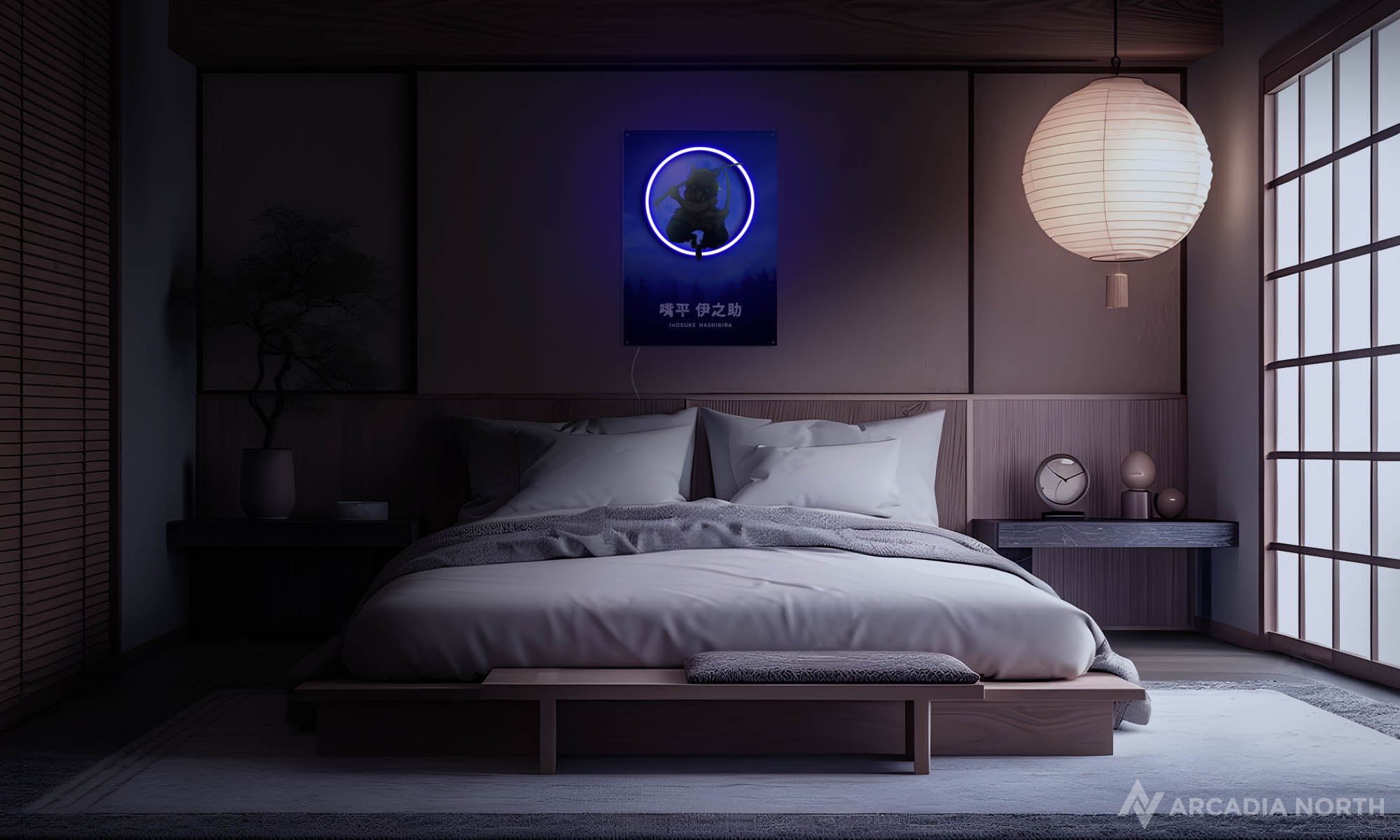 Modern Japanese bedroom with a Demon Slayer/Kimetsu no Yaiba anime poster on the wall depicting Inosuke Hashibira in front of a moon glowing with neon light - UV printed on acrylic - an Arcadia North Original LED Poster
