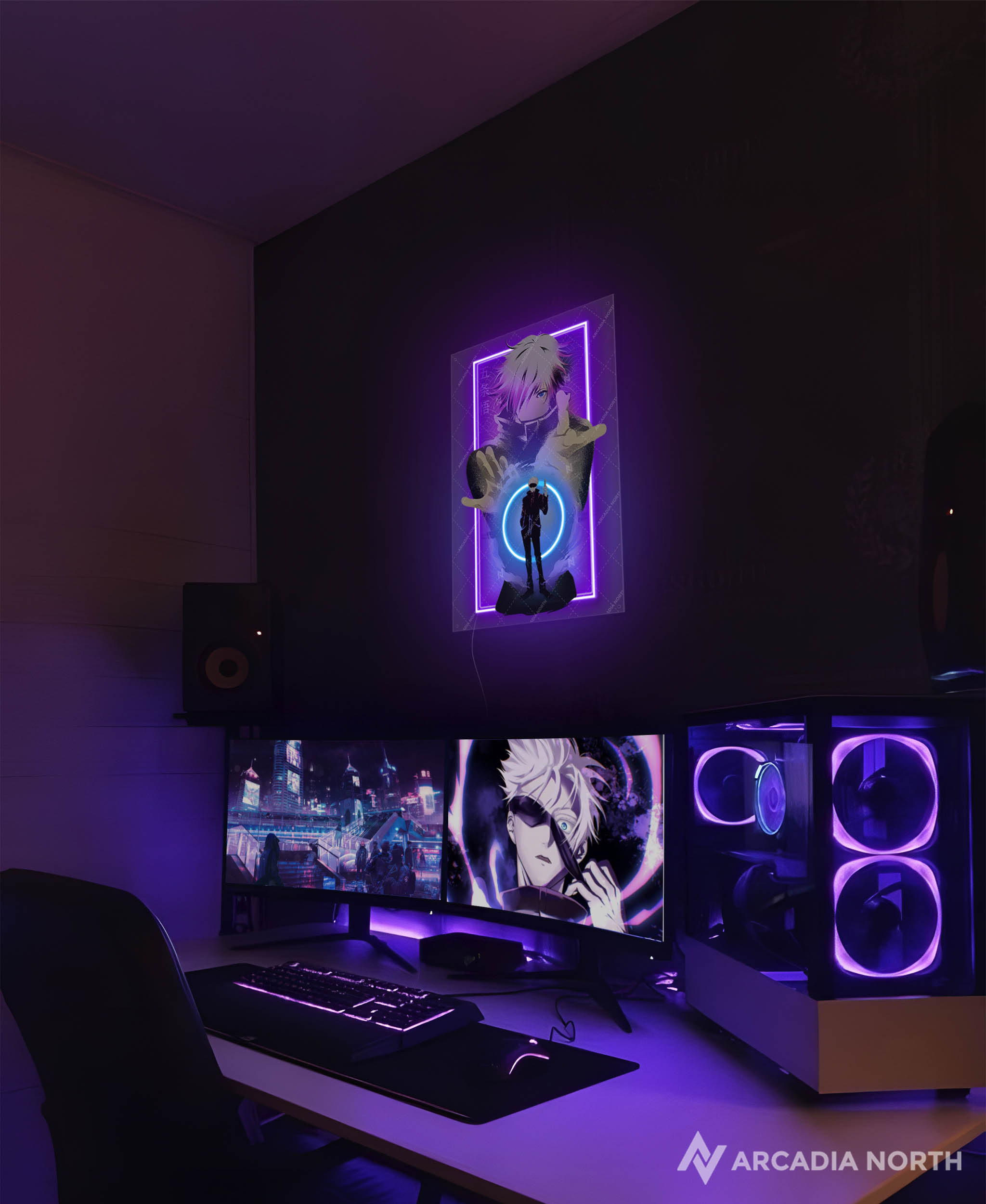 Arcadia North AURALIGHT - an LED Poster featuring the anime Jujutsu Kaisen with Gojo Satoru infinite void art illuminated by LED neon lights. UV-printed poster on acrylic.
