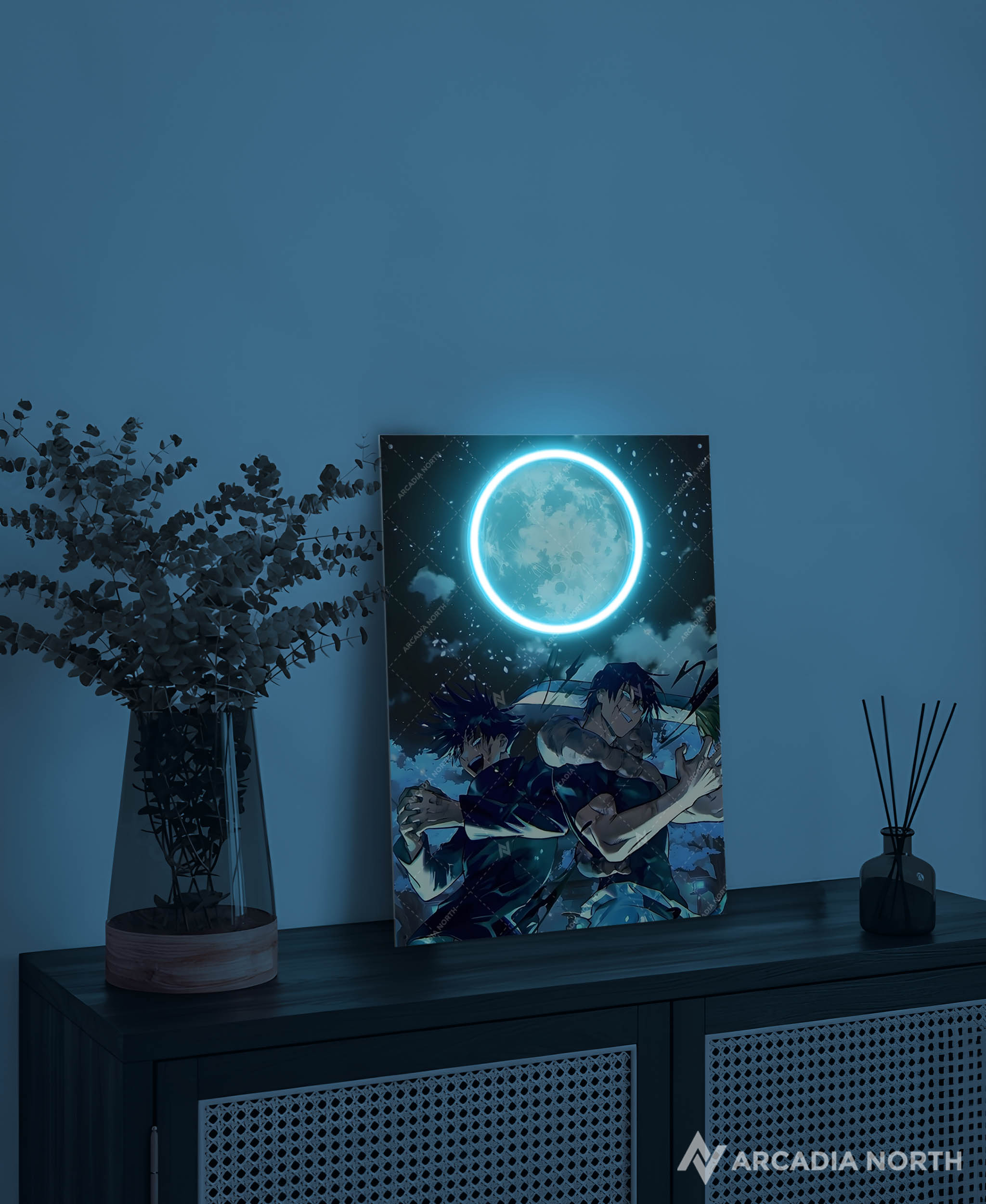 Arcadia North AURALIGHT - an LED Poster featuring the anime Jujutsu Kaisen with Toji Fushiguro and Megumi Fushiguro illuminated by LED neon lights. UV-printed poster on acrylic.