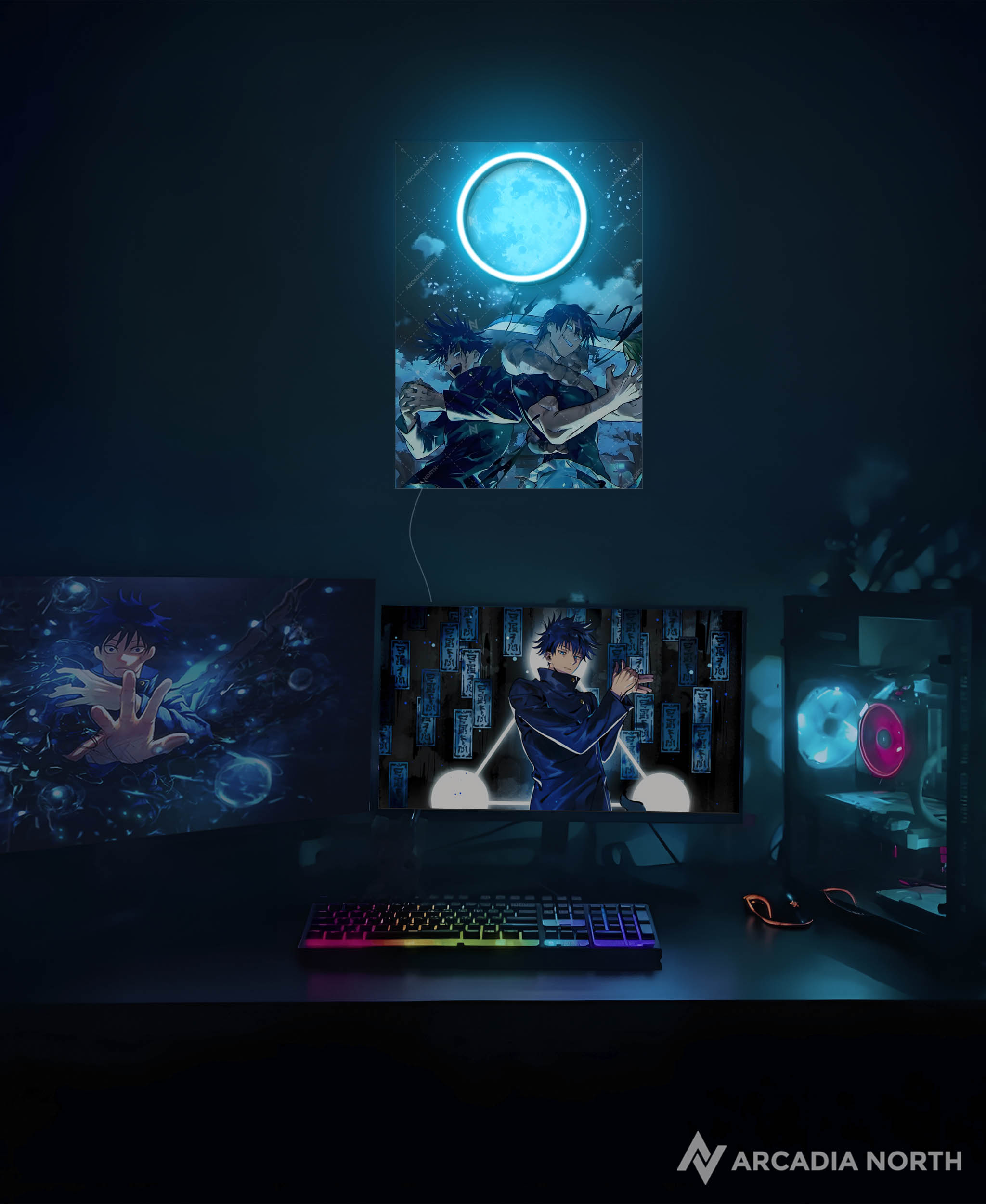 Arcadia North AURALIGHT - an LED Poster featuring the anime Jujutsu Kaisen with Toji Fushiguro and Megumi Fushiguro illuminated by LED neon lights. UV-printed poster on acrylic.