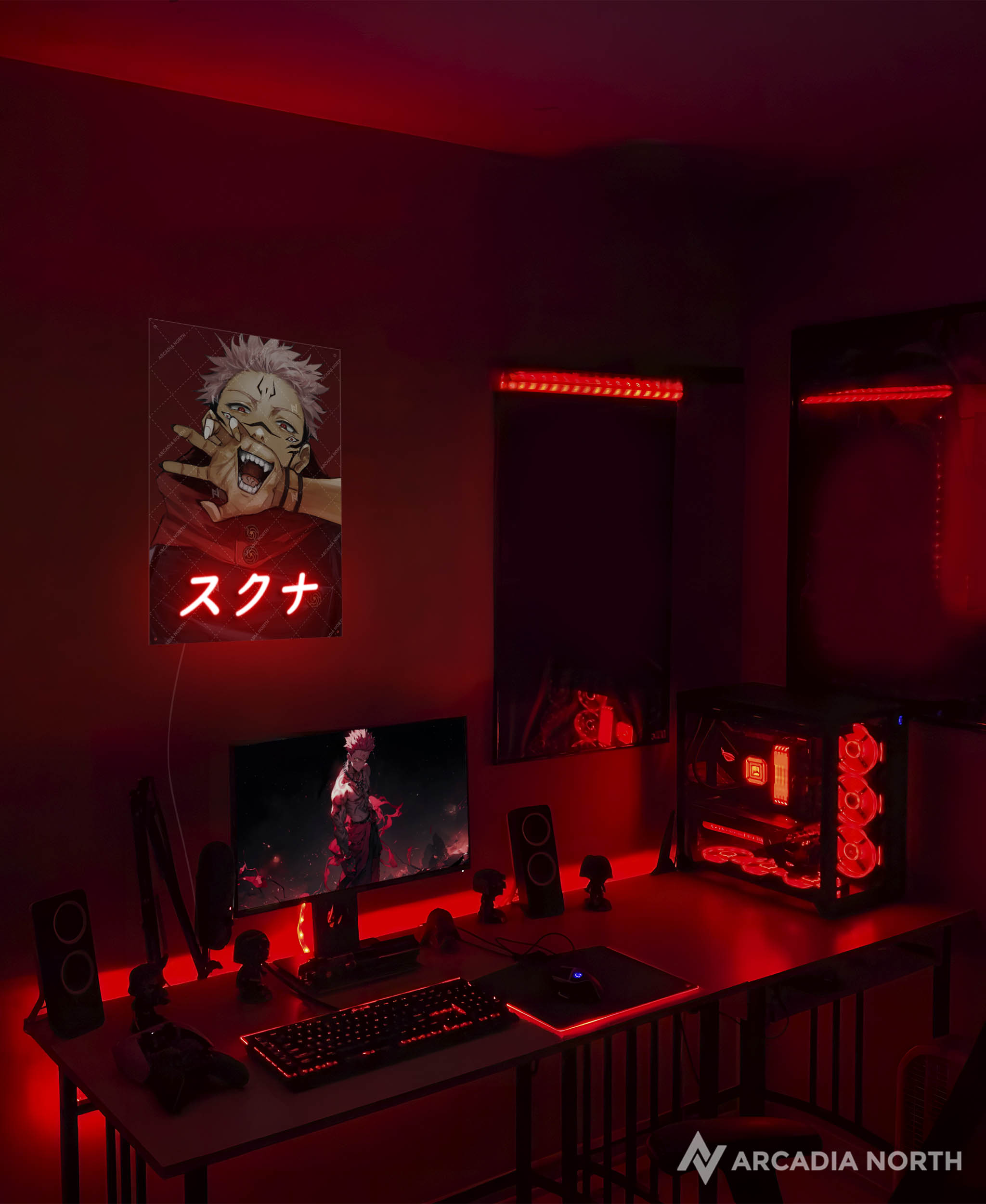 Arcadia North AURALIGHT - an LED Poster featuring the anime Jujutsu Kaisen with Sukuna art and Sukuna written in Japanese Katakana illuminated by LED neon lights. UV-printed poster on acrylic.