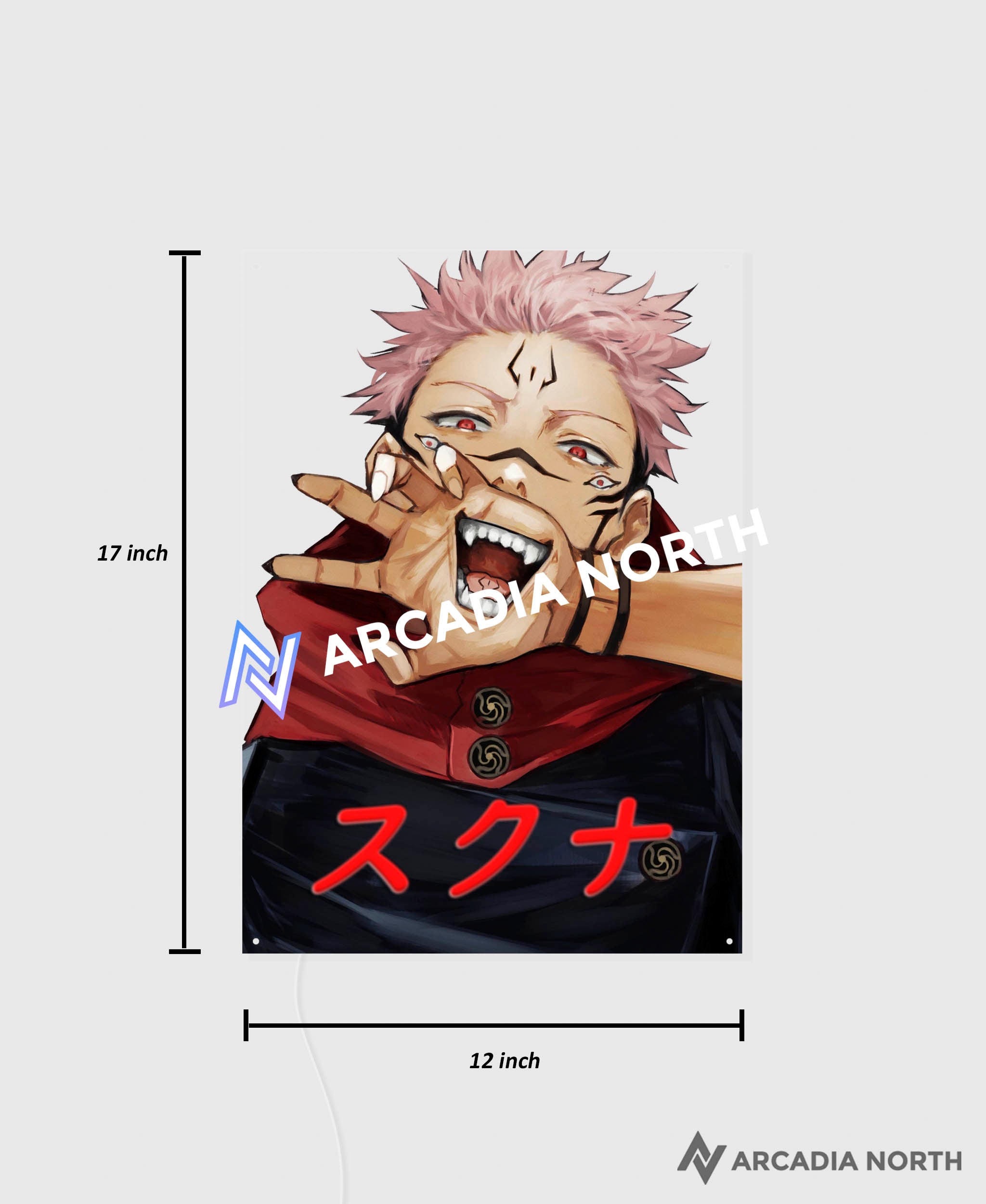 Arcadia North AURALIGHT Original LED Poster featuring the anime Jujutsu Kaisen with Sukuna art and Sukuna written in Japanese Katakana illuminated by LED neon lights. UV-printed poster on acrylic.