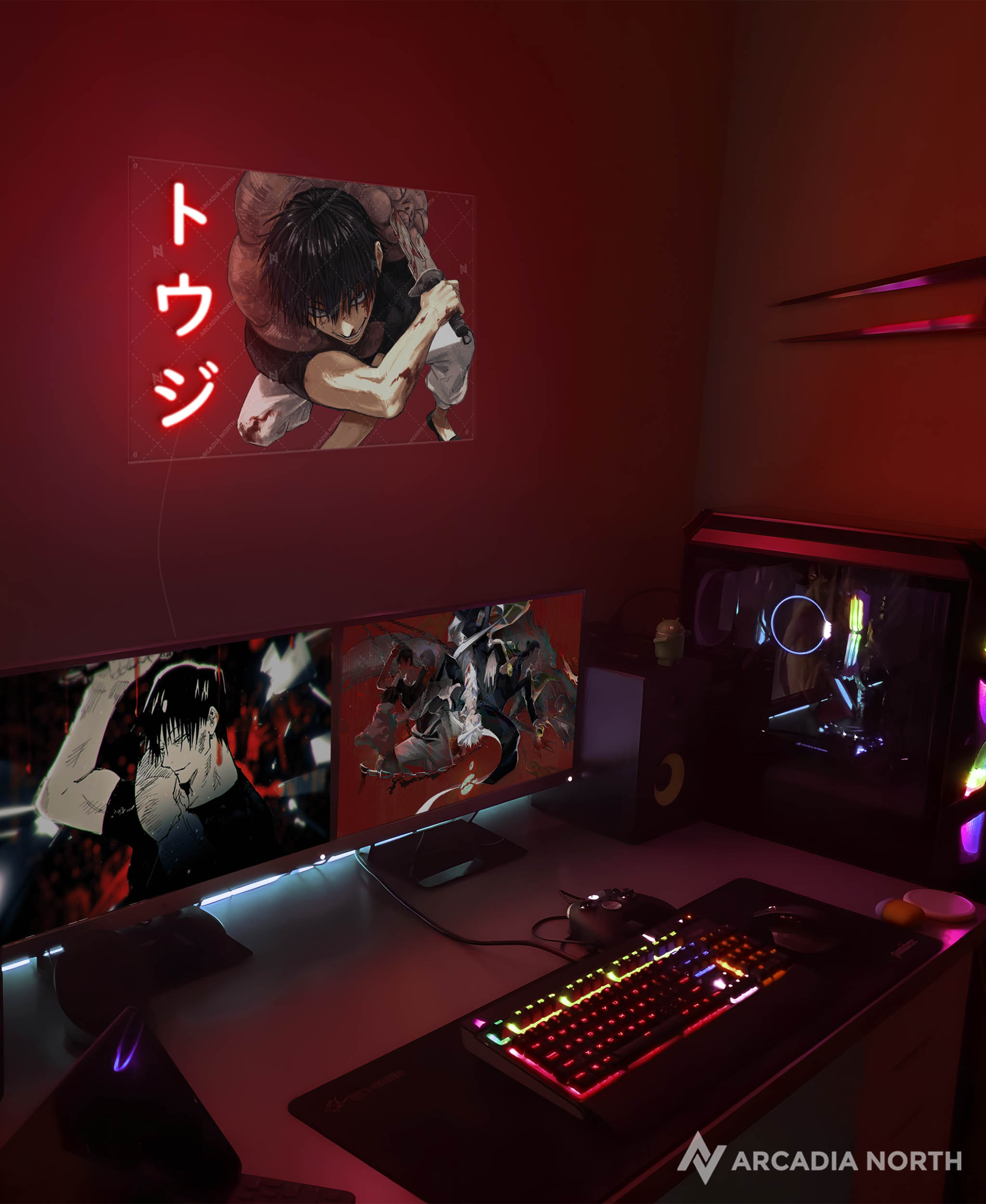 Arcadia North AURALIGHT - an LED Poster featuring the anime Jujutsu Kaisen with Toji Fushiguro art and “Toji” written in Japanese Katakana illuminated by LED neon lights. UV-printed poster on acrylic.