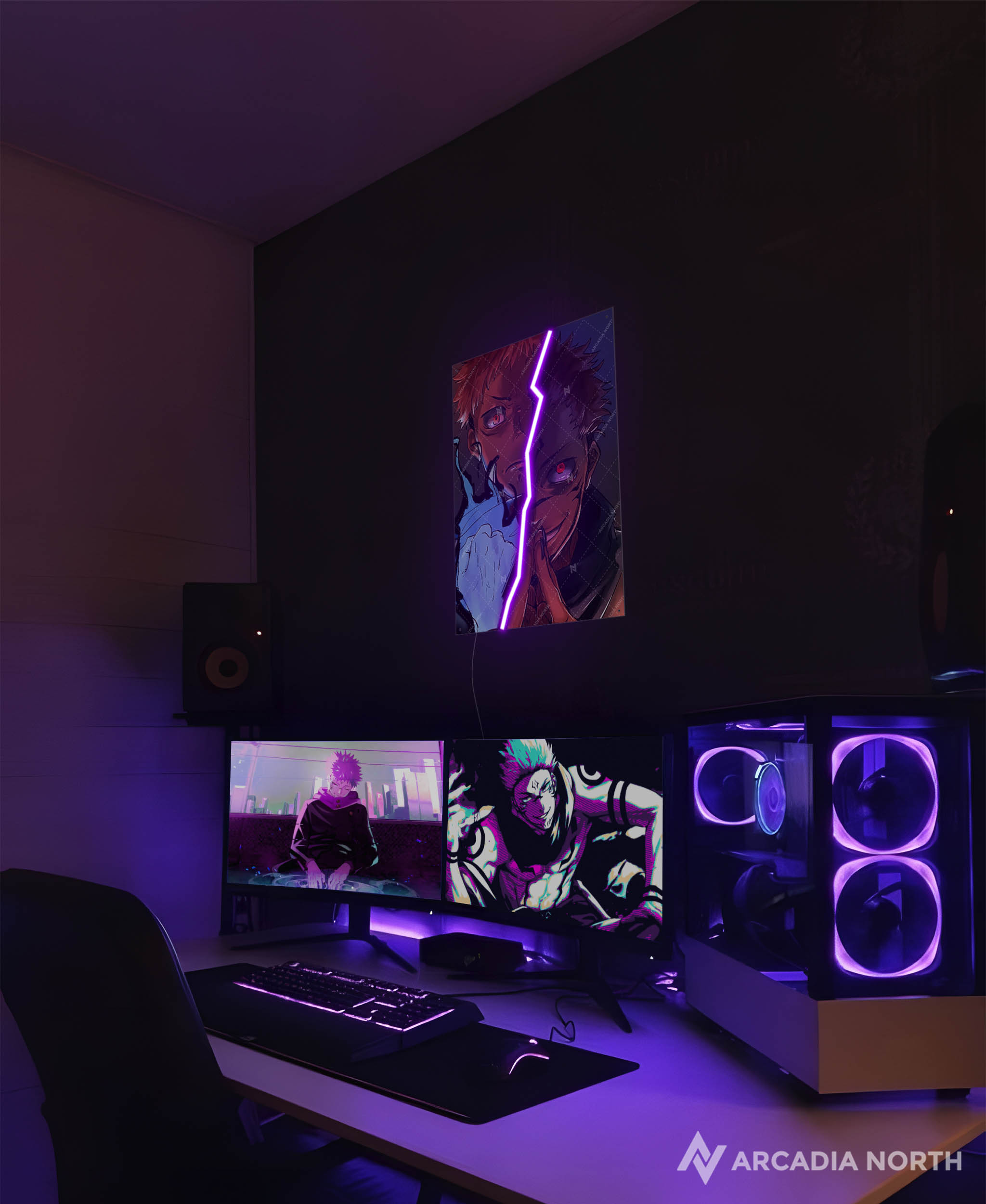 Arcadia North AURALIGHT - an LED Poster featuring the anime Jujutsu Kaisen with Yuji Itadori and Ryomen Sukuna. The split between the two characters is illuminated by LED neon lights. UV-printed poster on acrylic.