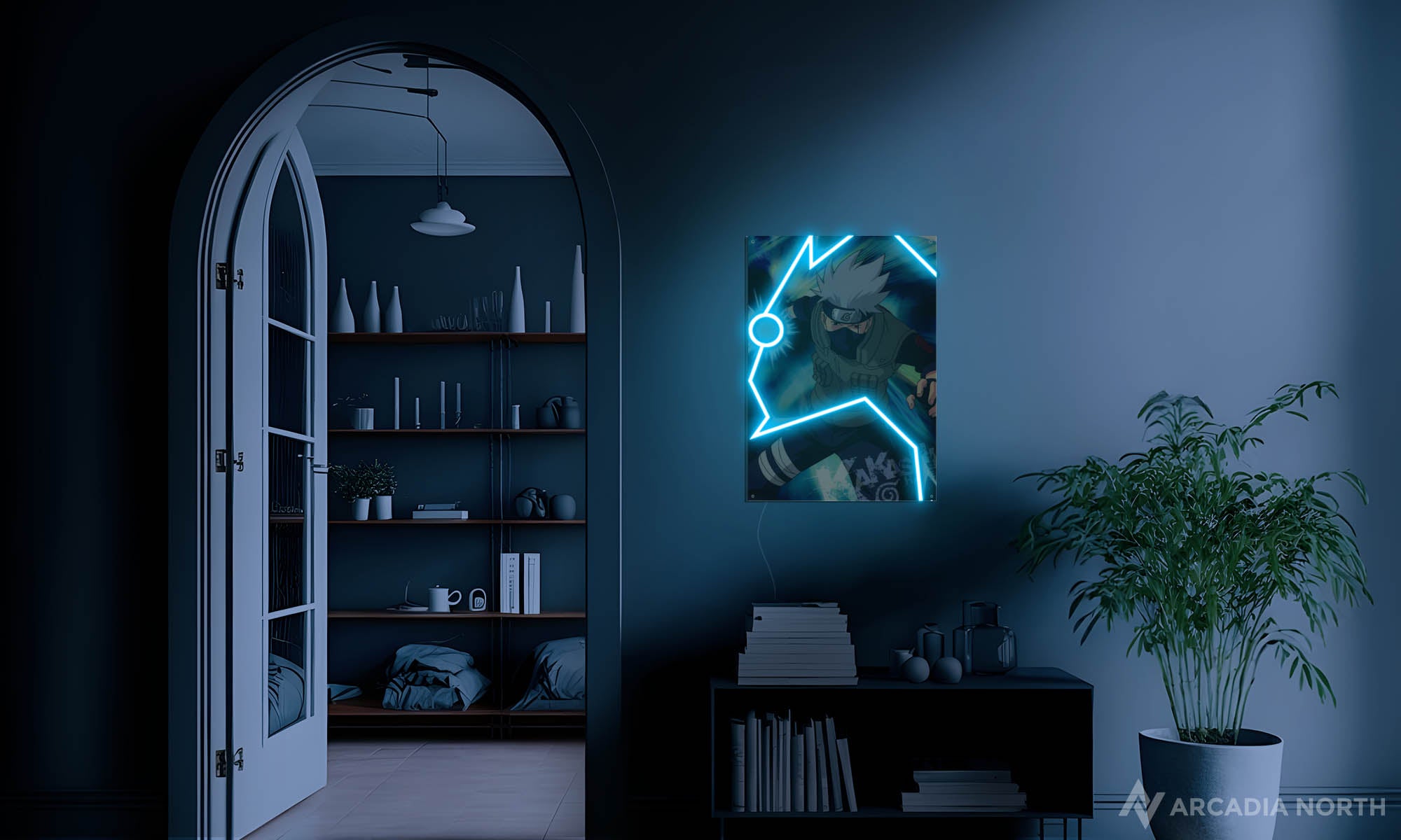 Arcadia North Original LED Poster of the anime Naruto depicting Kakashi's Chidori illuminated by LED neon lights - UV printed poster on acrylic