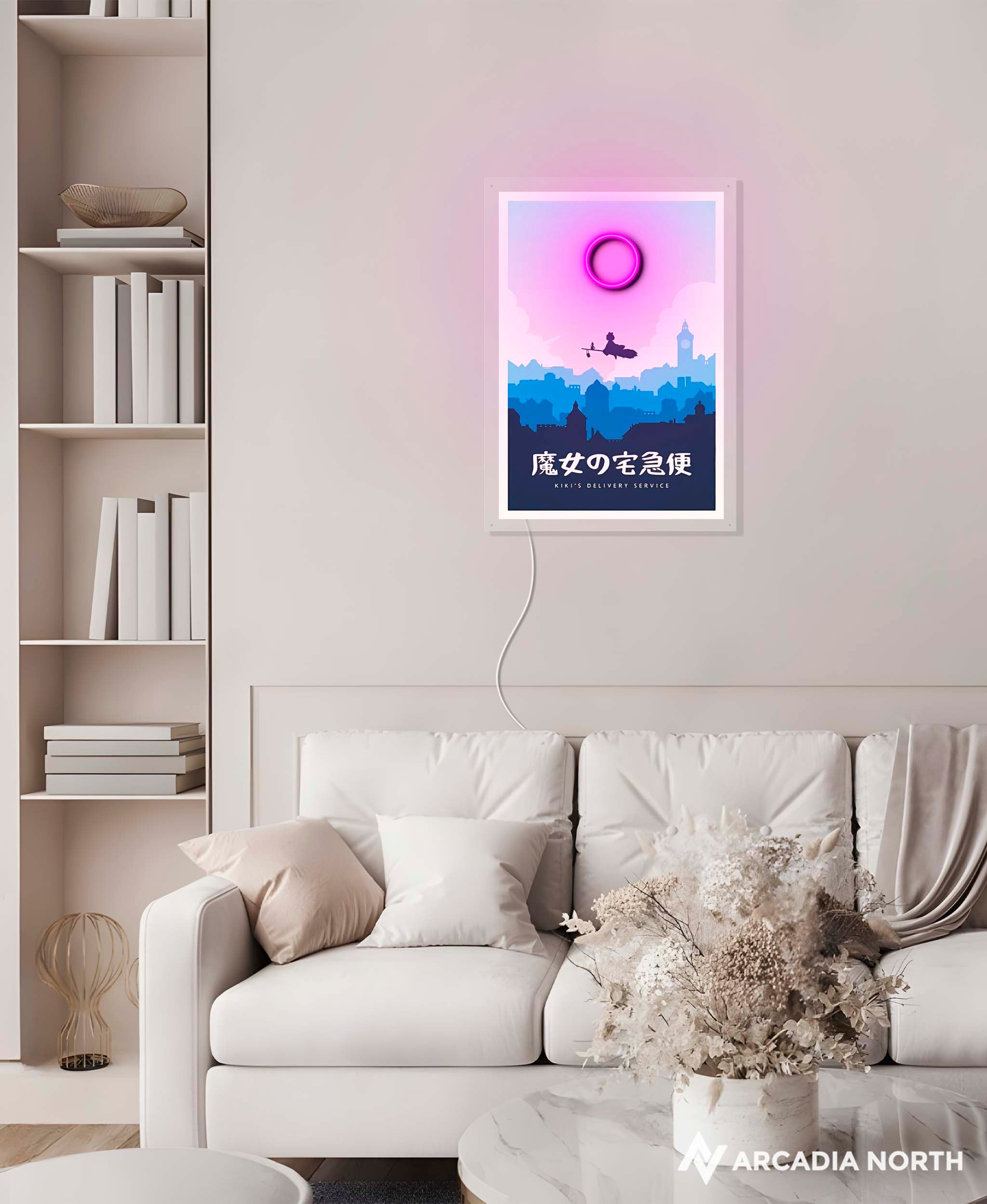 Arcadia North AURALIGHT Original LED Poster featuring the Studio Ghibli anime Kiki's Delivery Service in minimalistic style. Illuminated by glowing neon LED lights. UV-printed on acrylic.