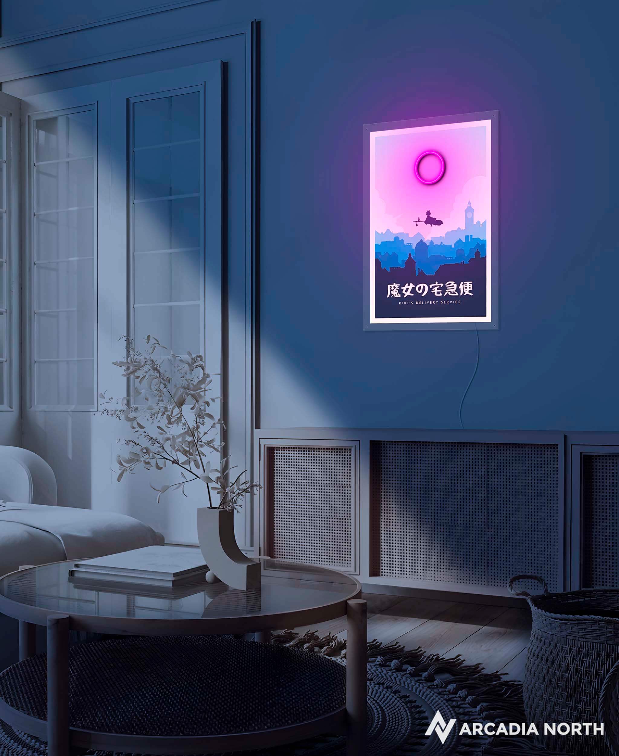 Arcadia North AURALIGHT Original LED Poster featuring the Studio Ghibli anime Kiki's Delivery Service in minimalistic style. Illuminated by glowing neon LED lights. UV-printed on acrylic.