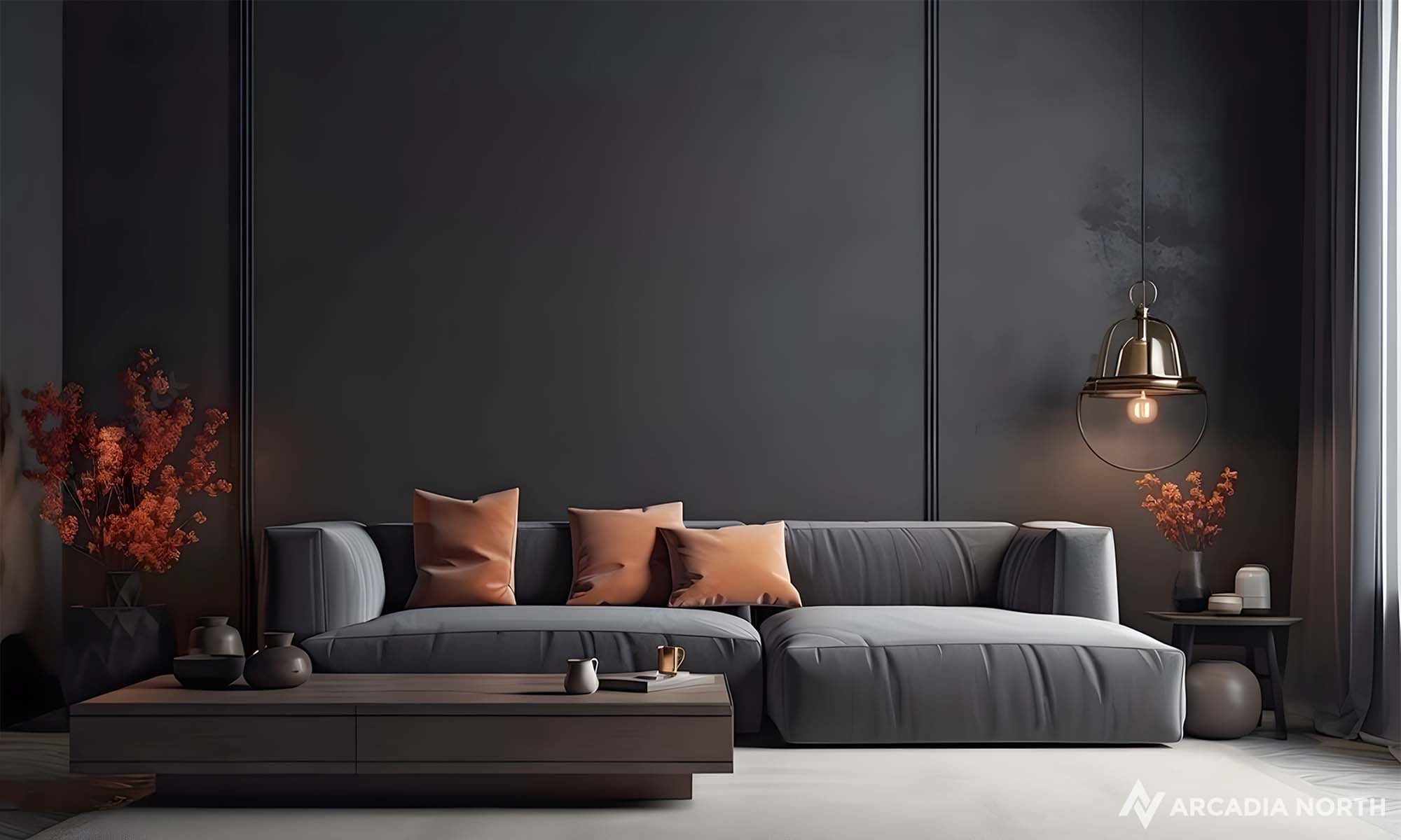 Modern living room with an empty wall