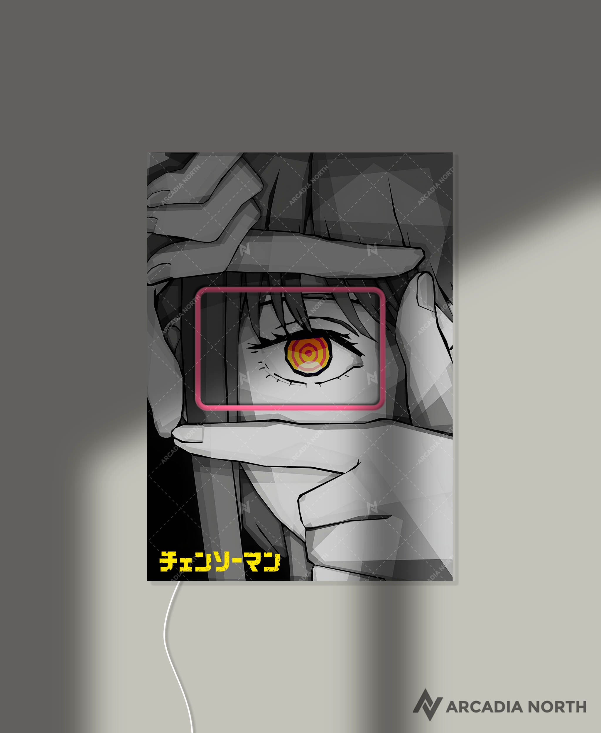 Arcadia North AURALIGHT - an LED Poster featuring the anime Chainsaw Man with Makima holding her hands up to her eye with a camera gesture with focus on her eye. Illuminated by glowing neon LED lights. UV-printed on acrylic.