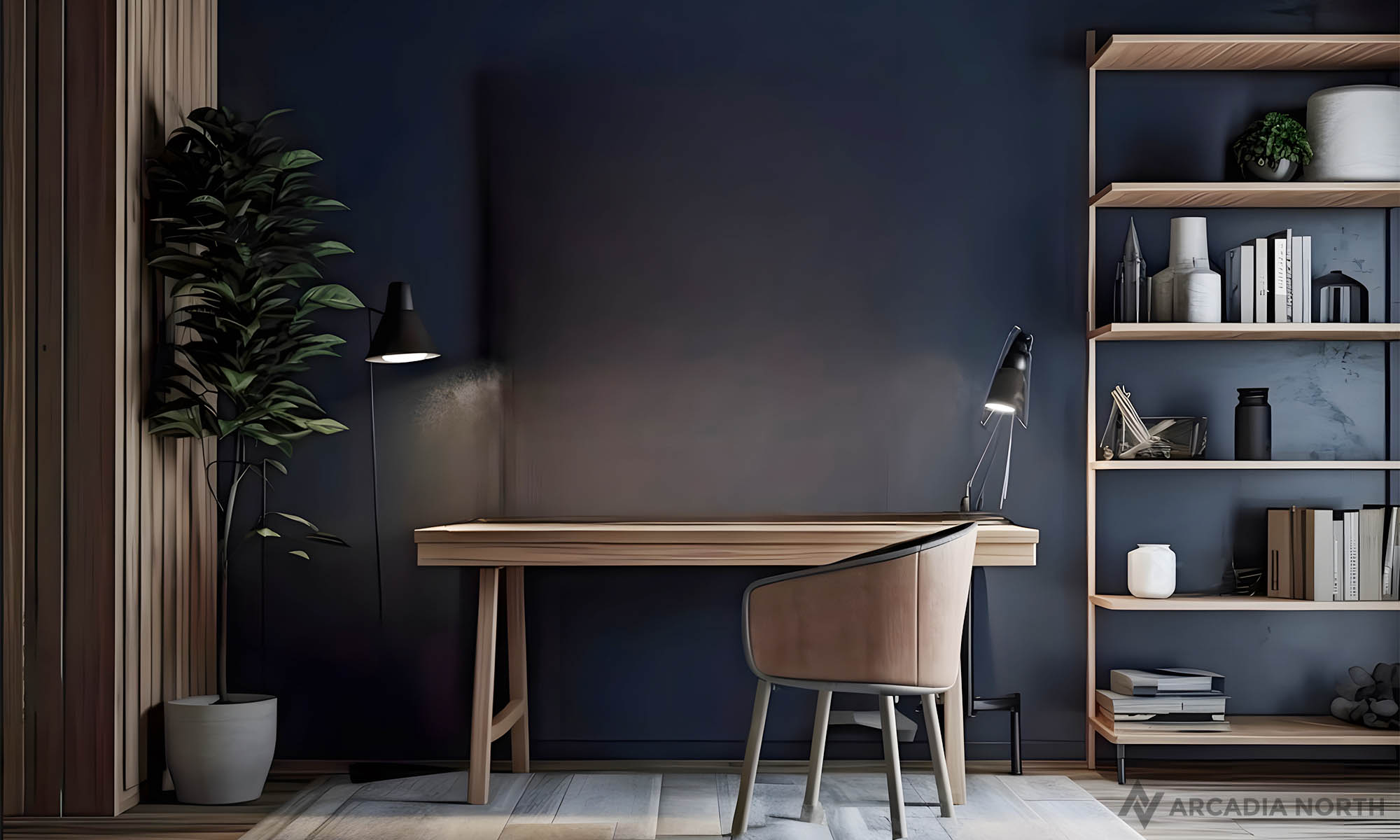 Modern desk setup with an empty wall above the desk