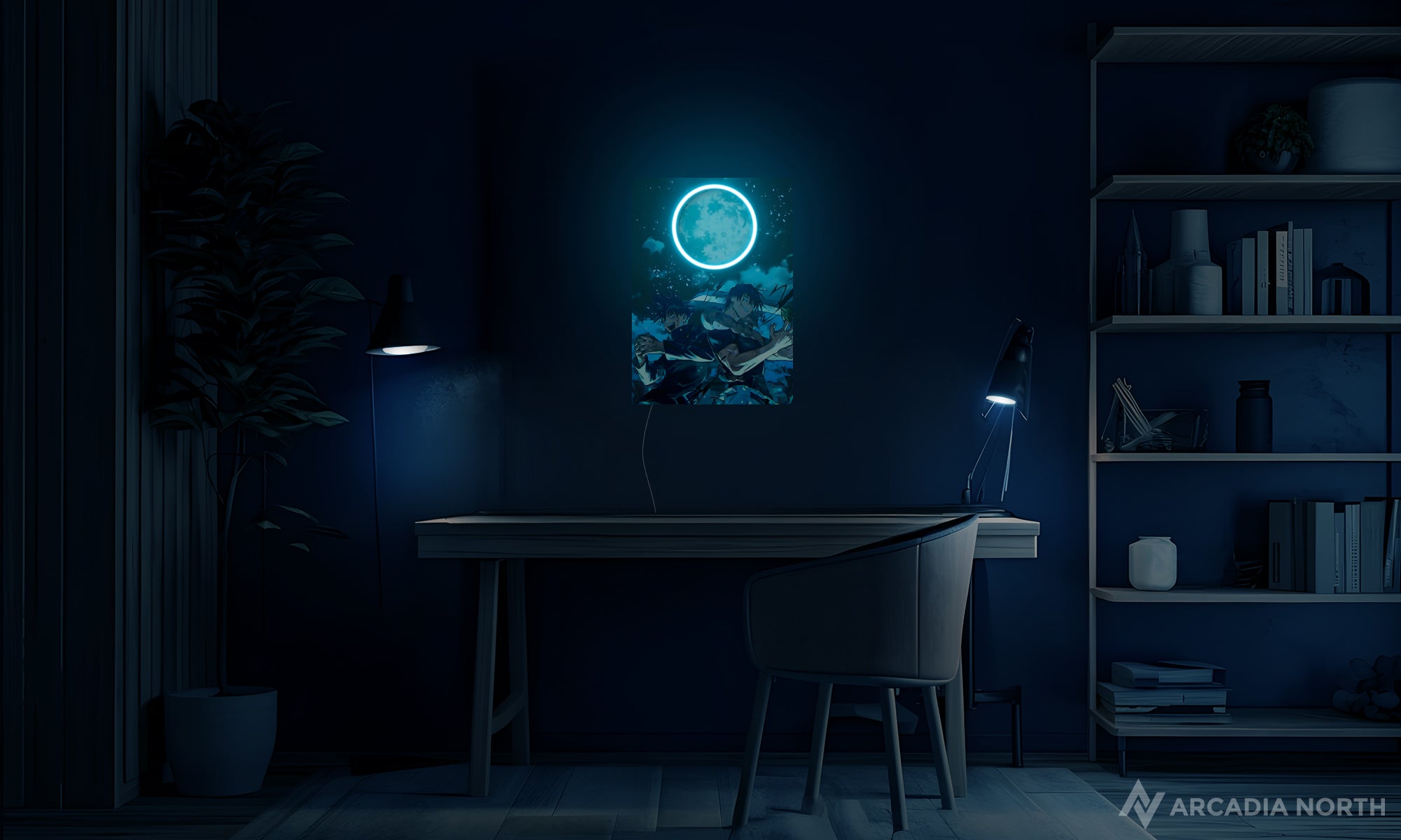 Arcadia North AURALIGHT Original LED Poster featuring the anime Jujutsu Kaisen with Toji Fushiguro and Megumi Fushiguro illuminated by LED neon lights. UV-printed poster on acrylic.