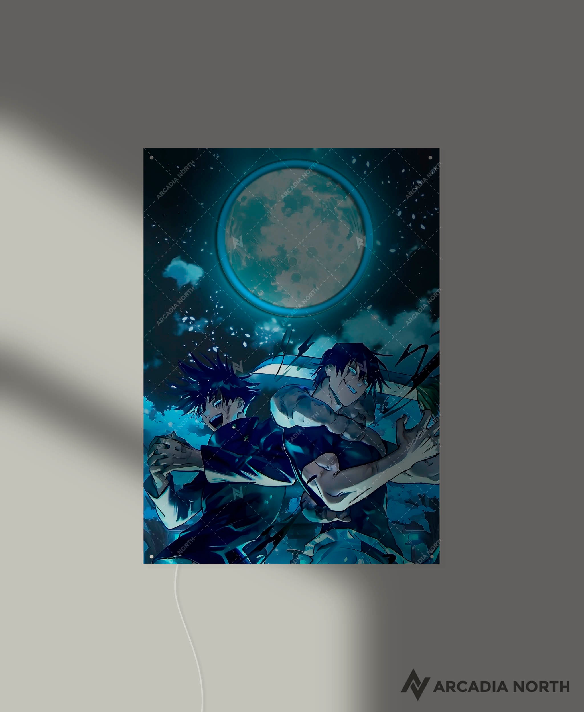 Arcadia North AURALIGHT - an LED Poster featuring the anime Jujutsu Kaisen with Toji Fushiguro and Megumi Fushiguro illuminated by LED neon lights. UV-printed poster on acrylic.