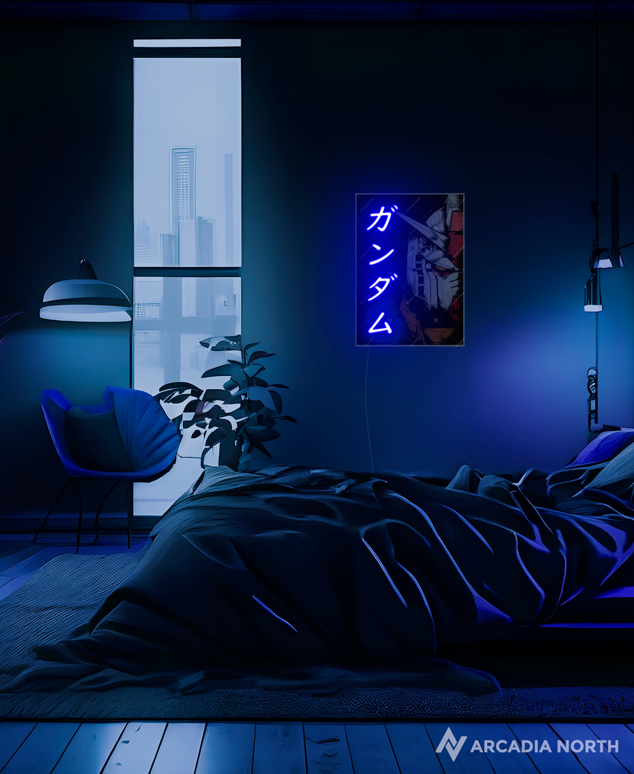 Arcadia North AURALIGHT - an acrylic LED Poster featuring the anime Mobile Suit Gundam with the RX-78-2 Gundam. Gundam is written in Japanese Katakana and illuminated by glowing neon LED lights. UV-printed on acrylic.