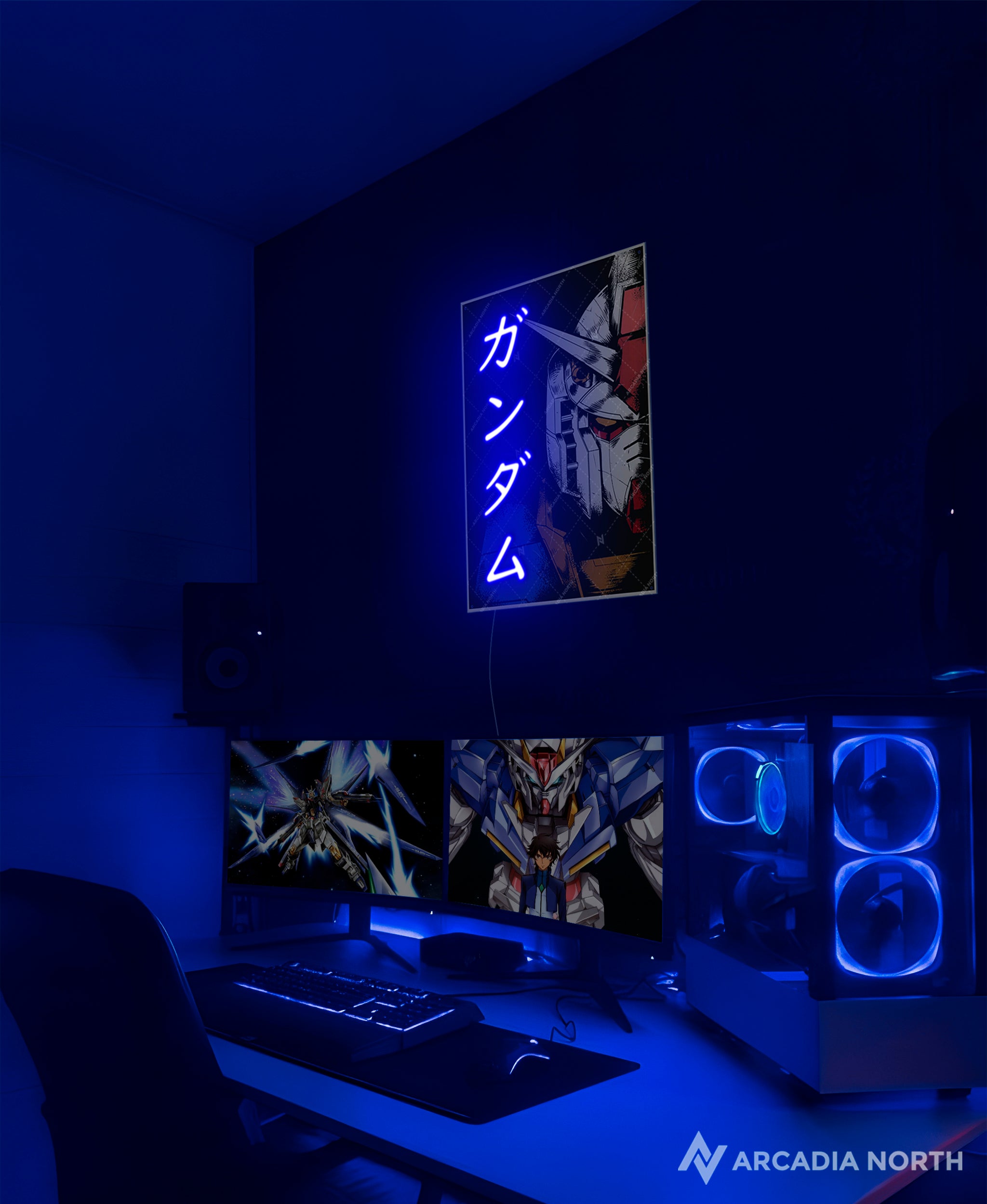 Arcadia North AURALIGHT - an acrylic LED Poster featuring the anime Mobile Suit Gundam with the RX-78-2 Gundam. Gundam is written in Japanese Katakana and illuminated by glowing neon LED lights. UV-printed on acrylic.