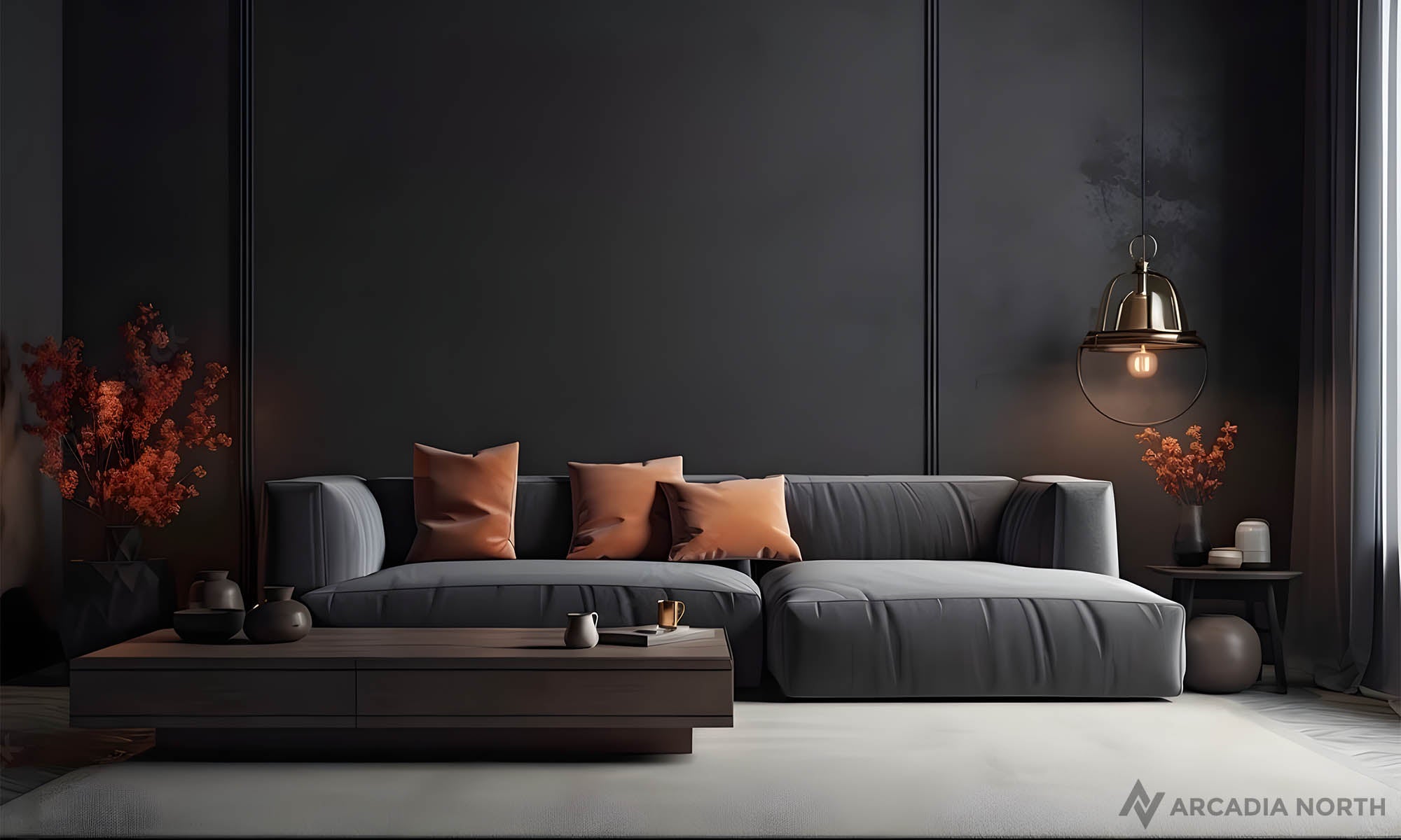 Modern living room with an empty wall above the couch