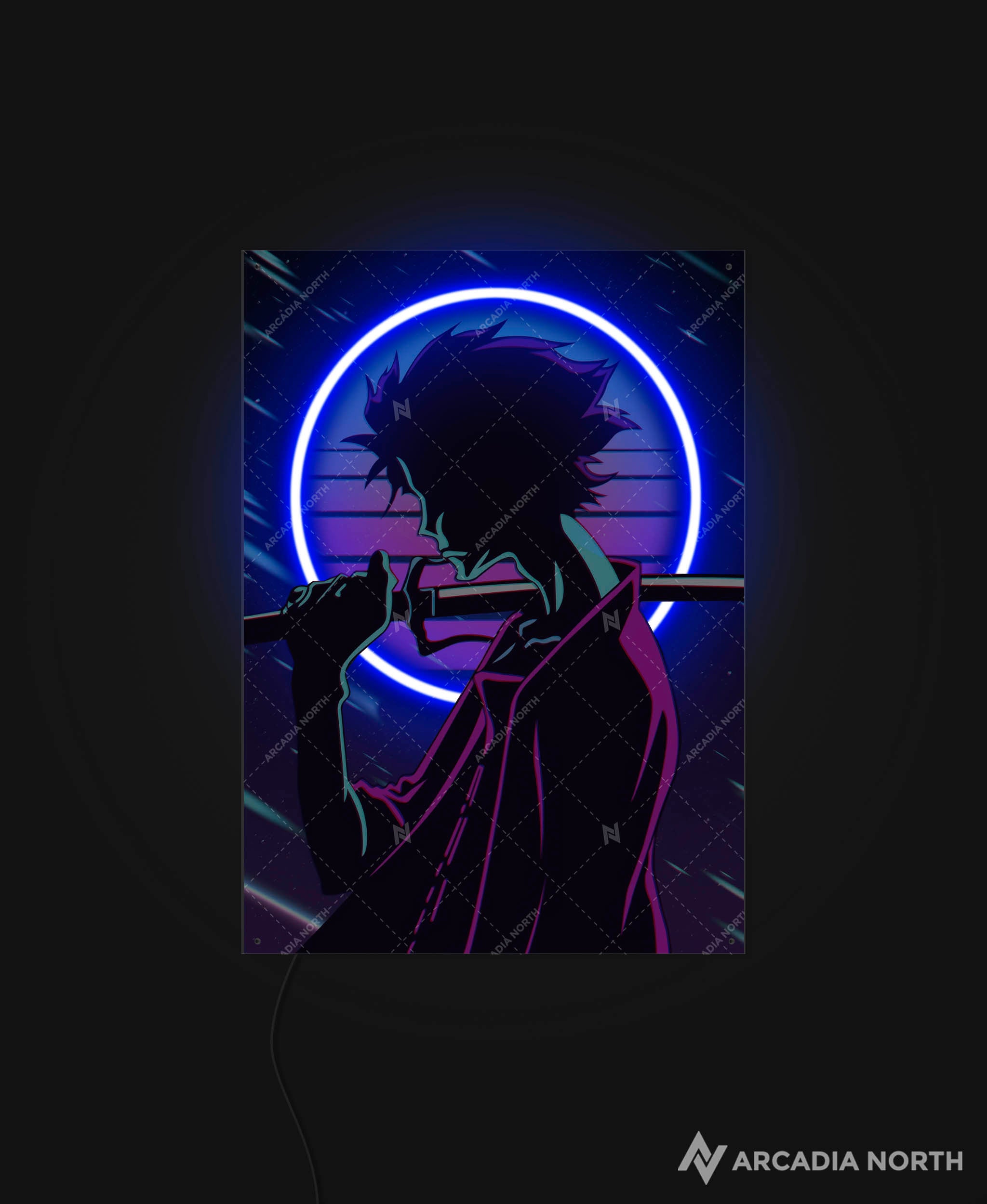 Arcadia North AURALIGHT - an LED Poster featuring the anime Samurai Champloo with Mugen in synthwave style. Illuminated by glowing neon LED lights. UV-printed on acrylic.