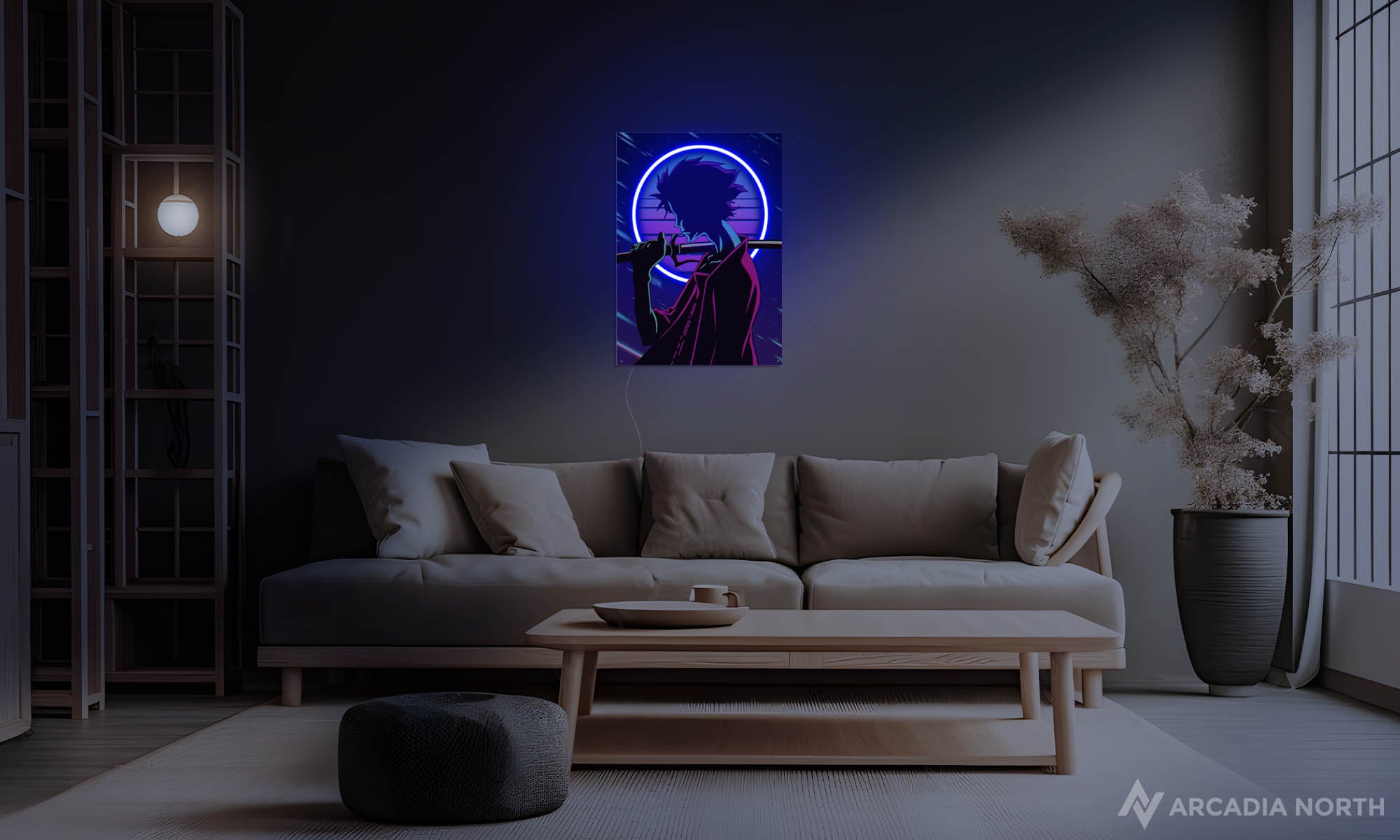 Arcadia North Original LED Poster of the anime Samurai Champloo featuring Mugen in a synthwave style poster illuminated by neon LED lights. UV-printed on acrylic