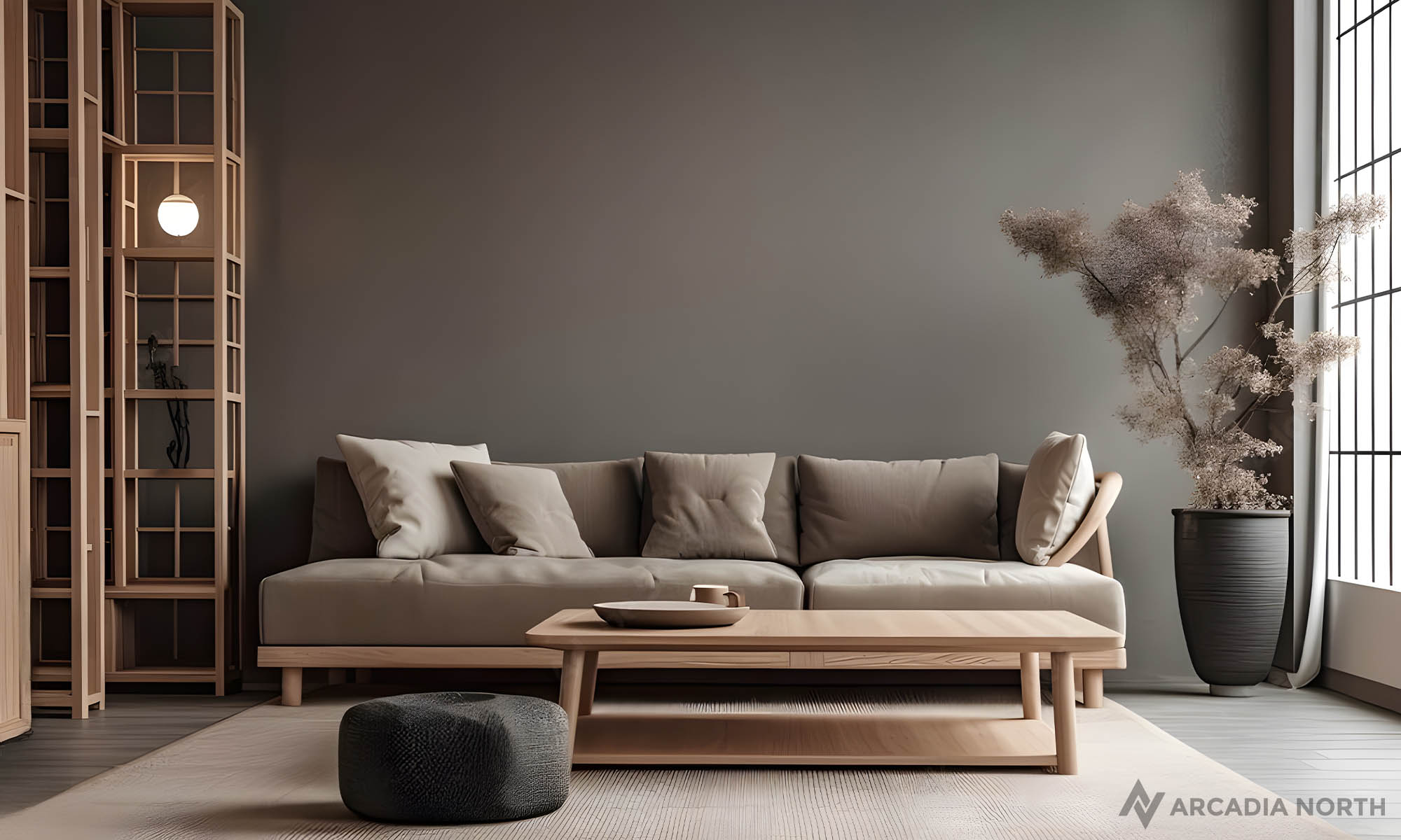 Modern Japanese living room with an empty wall above the couch