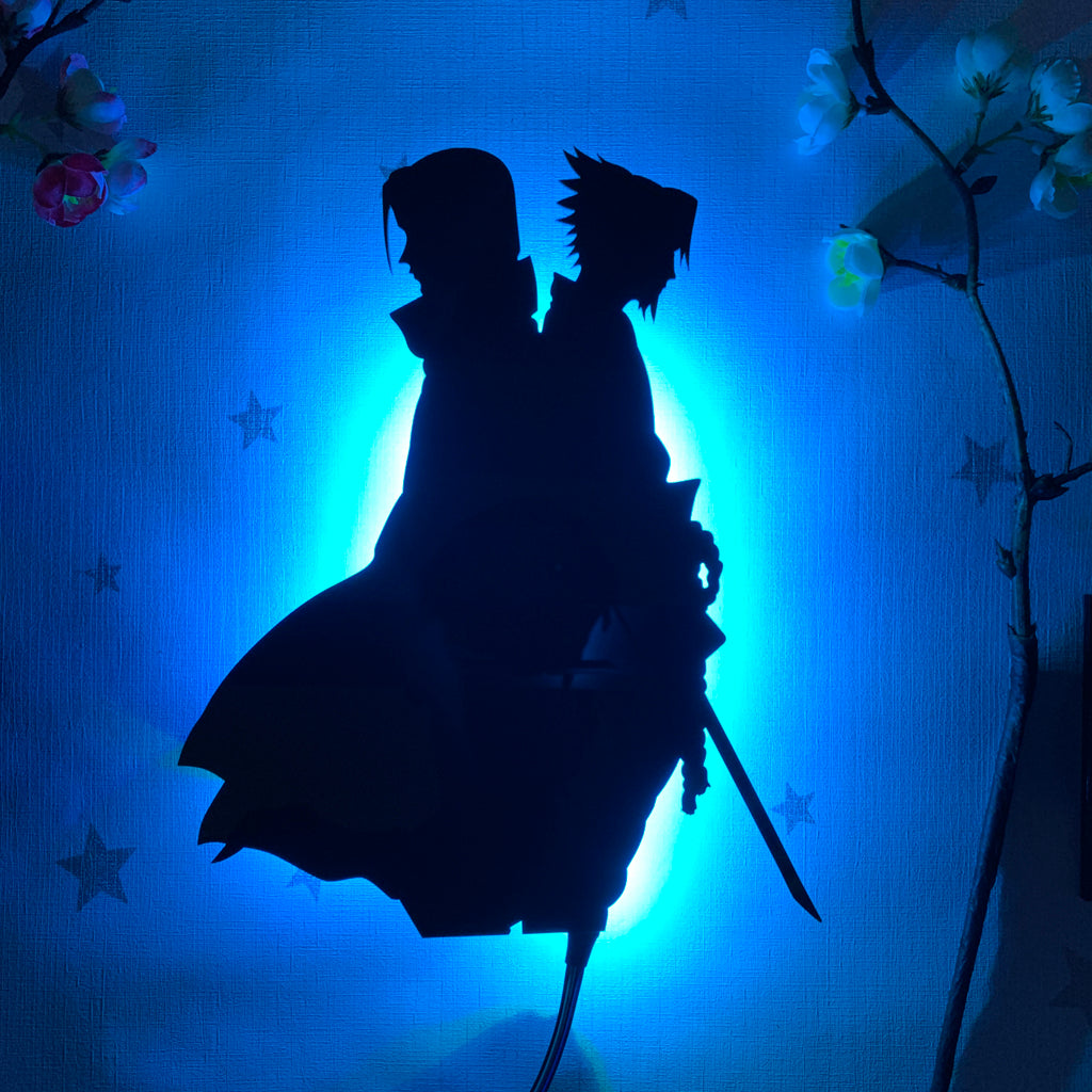 Naruto Itachi Uchiha and Sasuke Uchiha anime silhouette light