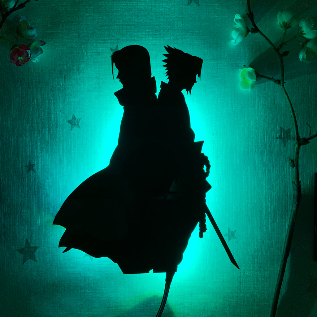Naruto Itachi Uchiha and Sasuke Uchiha anime silhouette light