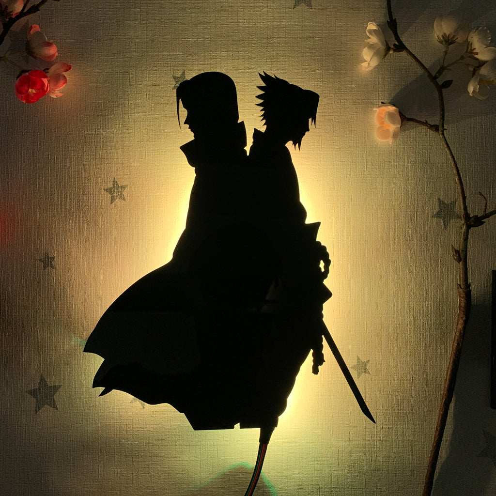 Naruto Itachi Uchiha and Sasuke Uchiha anime silhouette light